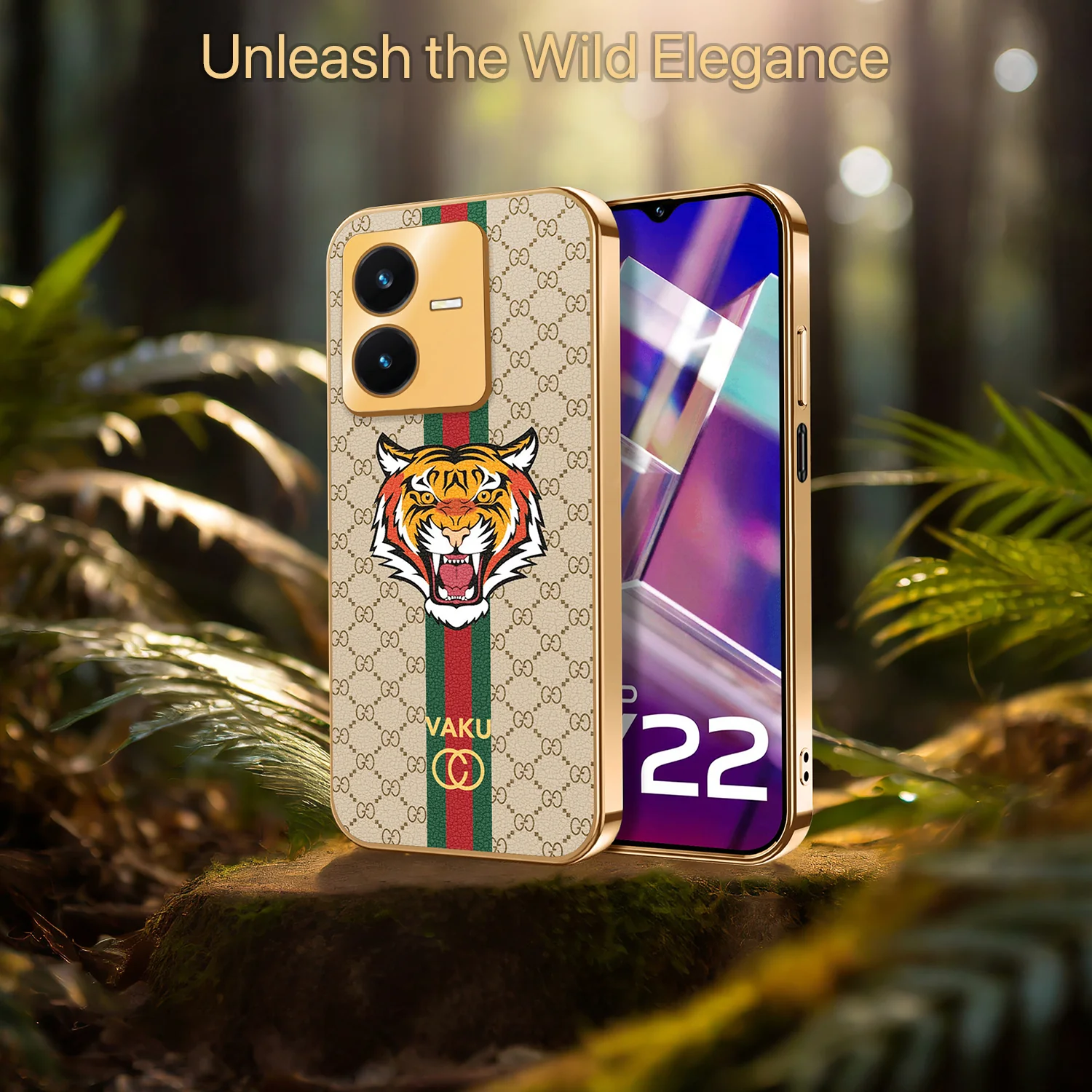 Vaku® Vivo Y22 Lynx Designer Leather Pattern Gold Electroplated Soft TPU Back Cover Case - Image 15