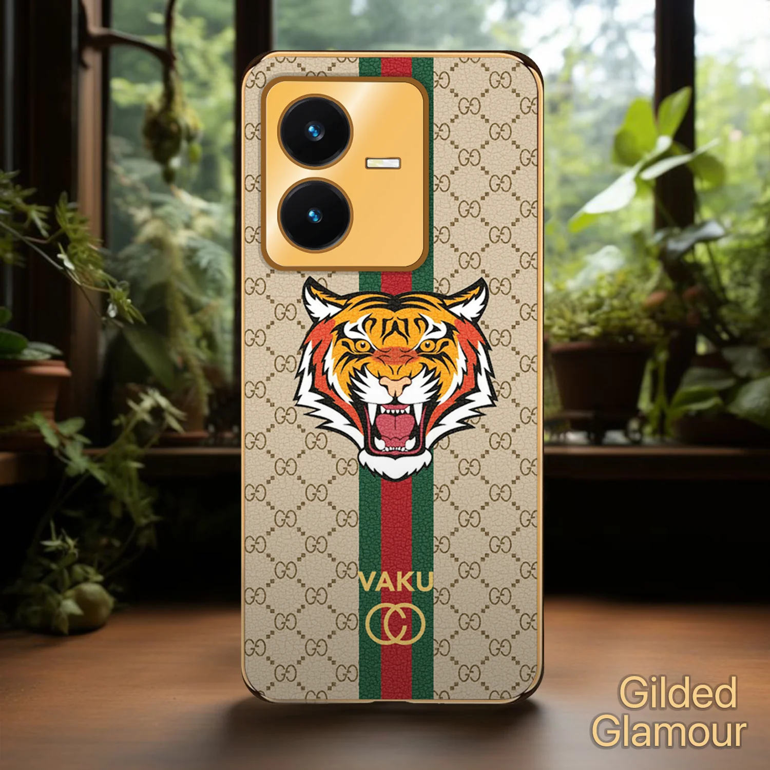 Vaku® Vivo Y22 Lynx Designer Leather Pattern Gold Electroplated Soft TPU Back Cover Case - Image 16