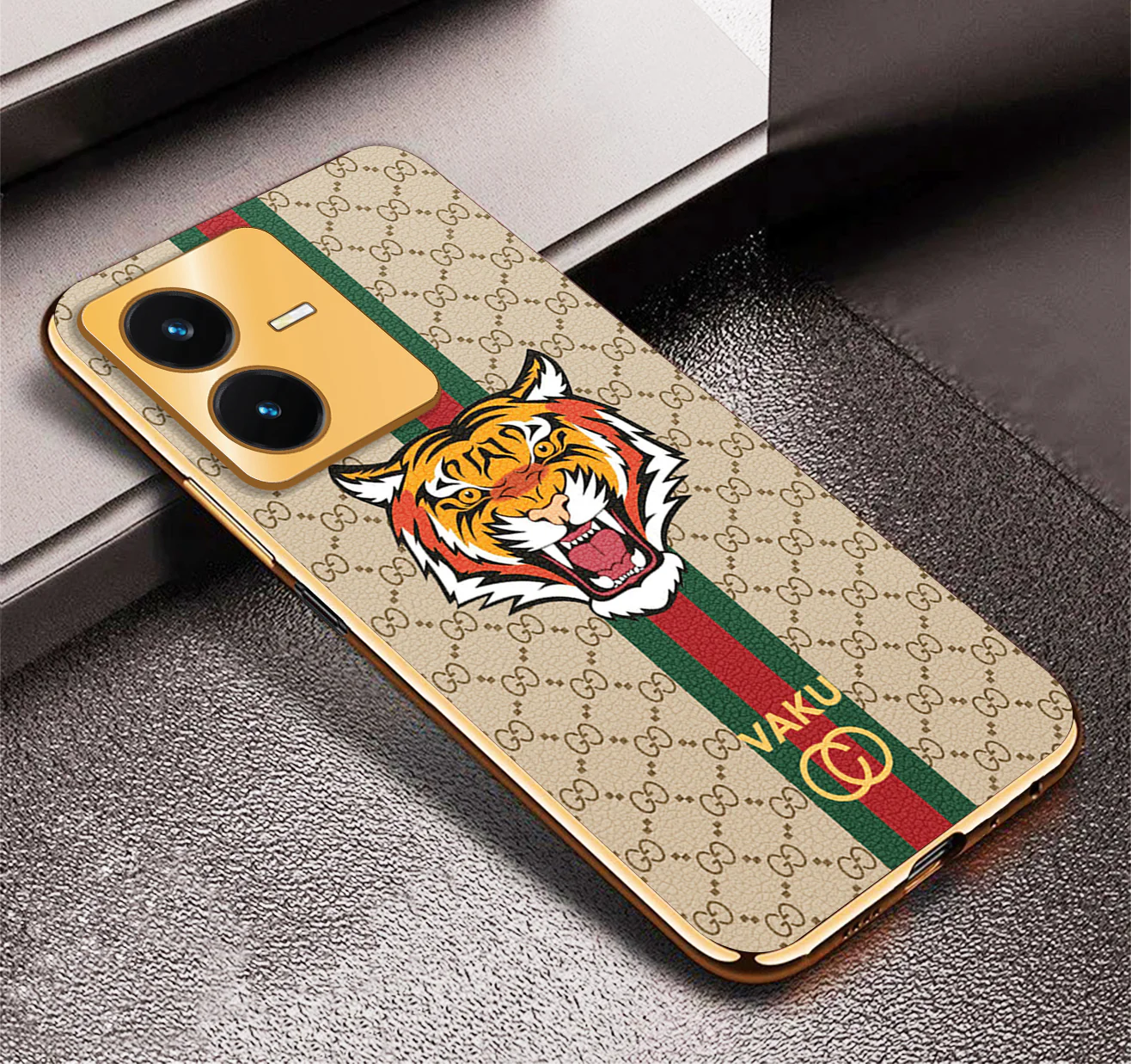 Vaku® Vivo Y22 Lynx Designer Leather Pattern Gold Electroplated Soft TPU Back Cover Case - Image 17