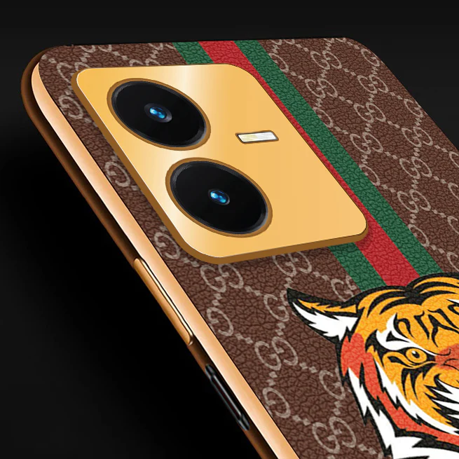 Vaku® Vivo Y22 Lynx Designer Leather Pattern Gold Electroplated Soft TPU Back Cover Case - Image 2