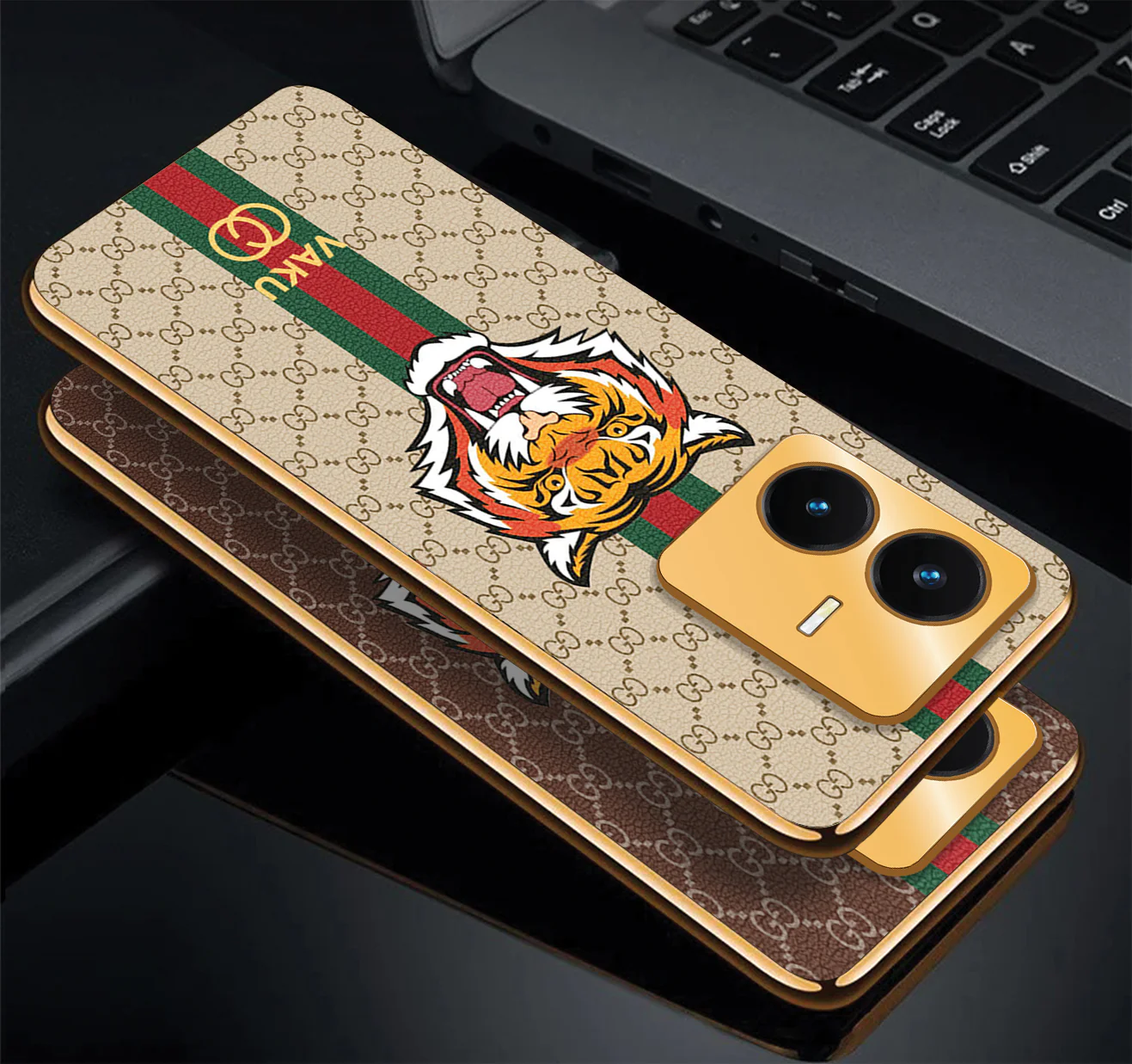 Vaku® Vivo Y22 Lynx Designer Leather Pattern Gold Electroplated Soft TPU Back Cover Case - Image 3