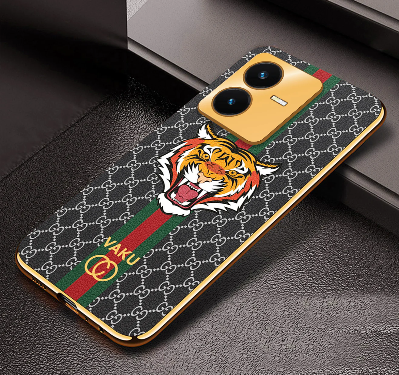 Vaku® Vivo Y22 Lynx Designer Leather Pattern Gold Electroplated Soft TPU Back Cover Case - Image 4