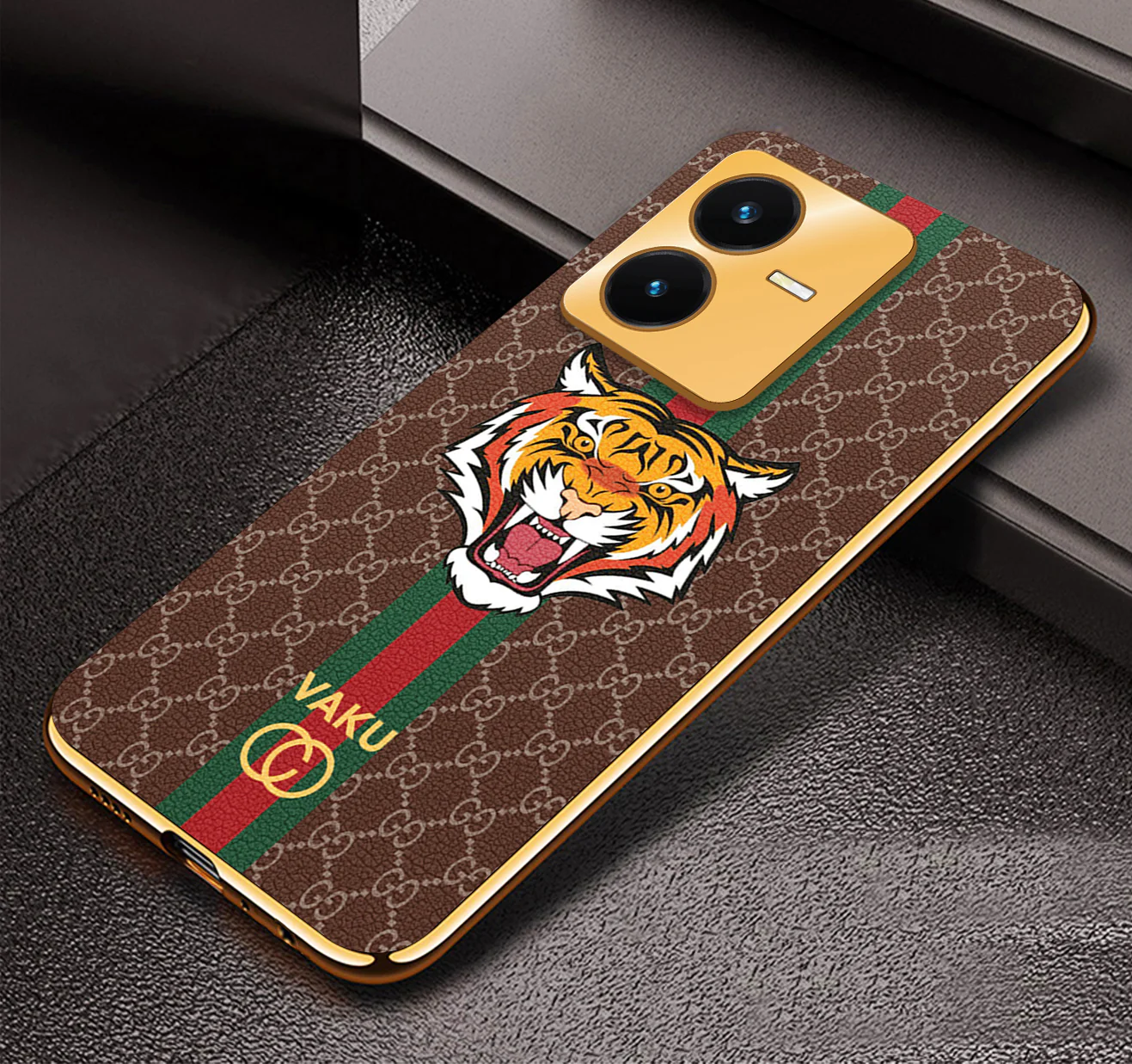 Vaku® Vivo Y22 Lynx Designer Leather Pattern Gold Electroplated Soft TPU Back Cover Case - Image 5