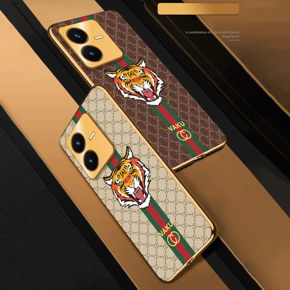 Vaku® Vivo Y22 Lynx Designer Leather Pattern Gold Electroplated Soft TPU Back Cover Case - Image 6