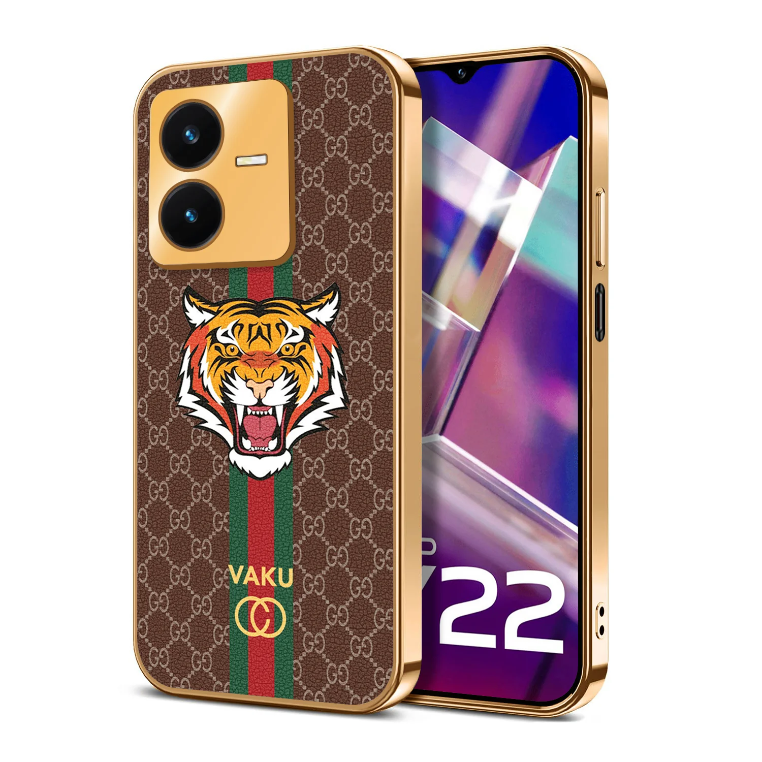 Vaku® Vivo Y22 Lynx Designer Leather Pattern Gold Electroplated Soft TPU Back Cover Case - Image 7
