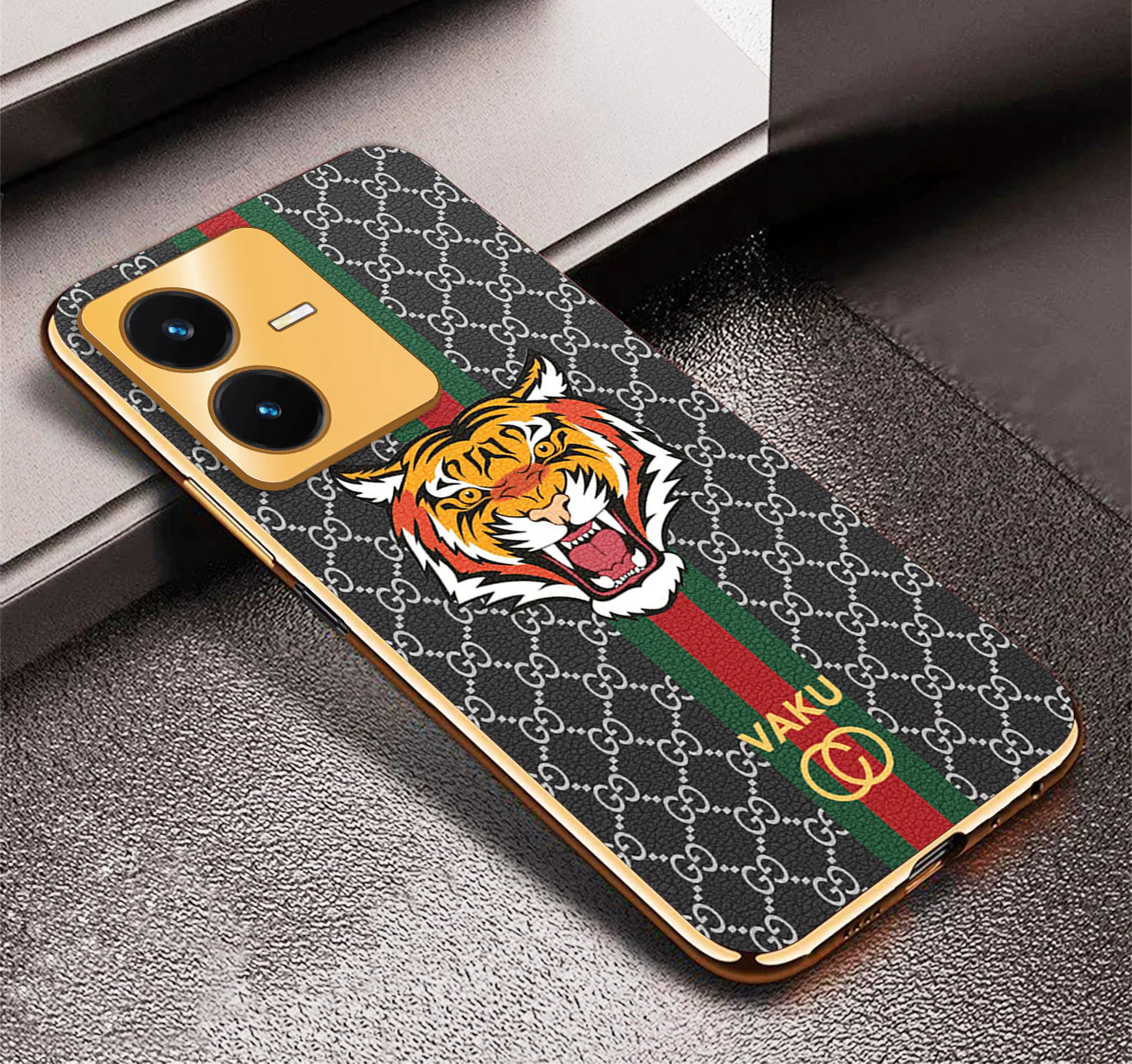 Vaku® Vivo Y22 Lynx Designer Leather Pattern Gold Electroplated Soft TPU Back Cover Case - Image 8