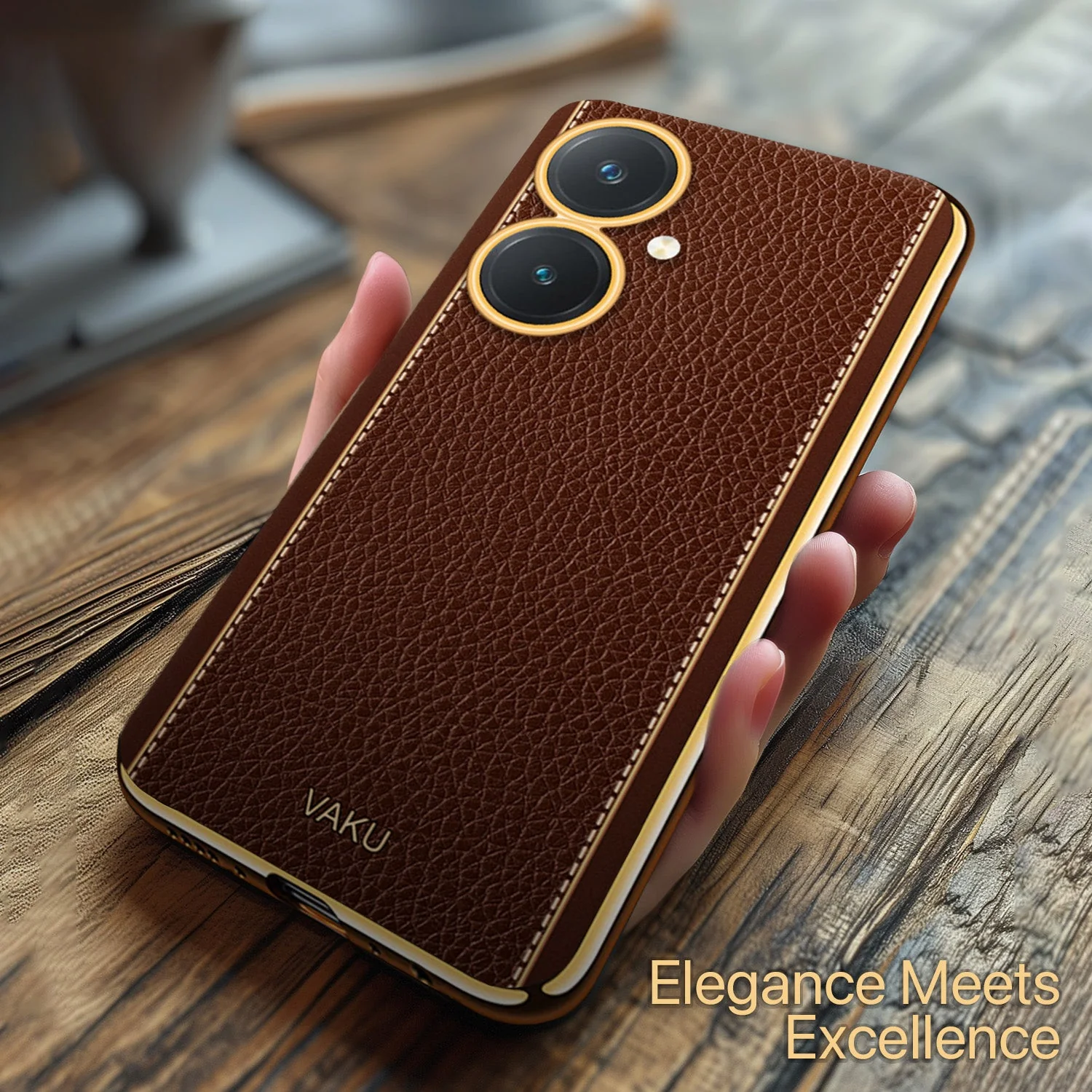 Vaku® Vivo Y27 Luxemberg Series Leather Stitched Gold Electroplated Soft TPU Back Cover - Image 10