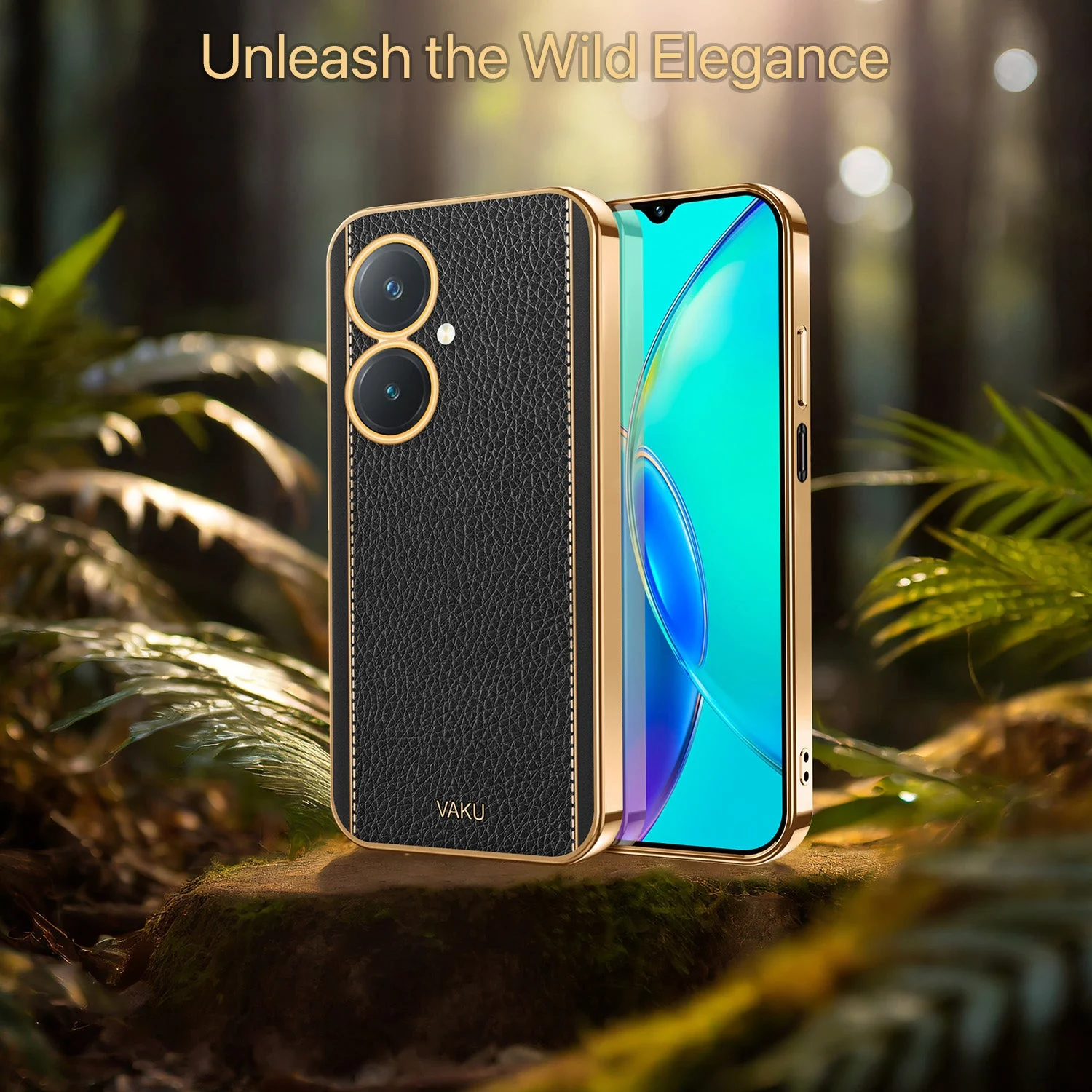 Vaku® Vivo Y27 Luxemberg Series Leather Stitched Gold Electroplated Soft TPU Back Cover - Image 11