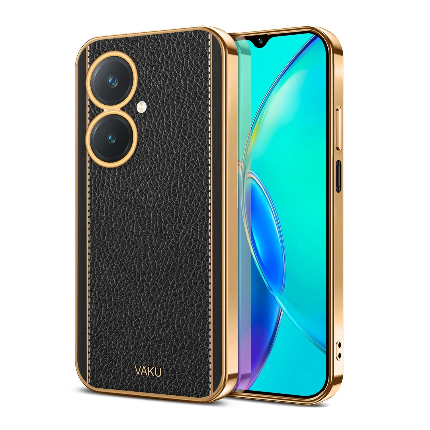 Vaku® Vivo Y27 Luxemberg Series Leather Stitched Gold Electroplated Soft TPU Back Cover - Image 12