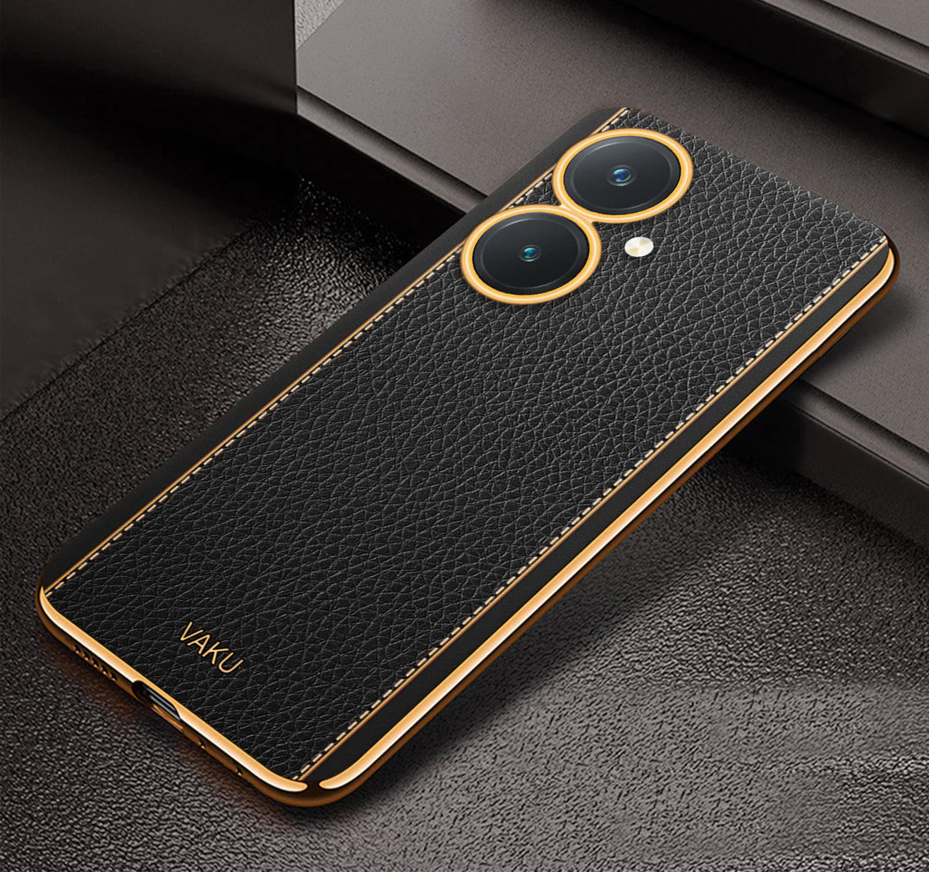 Vaku® Vivo Y27 Luxemberg Series Leather Stitched Gold Electroplated Soft TPU Back Cover - Image 15