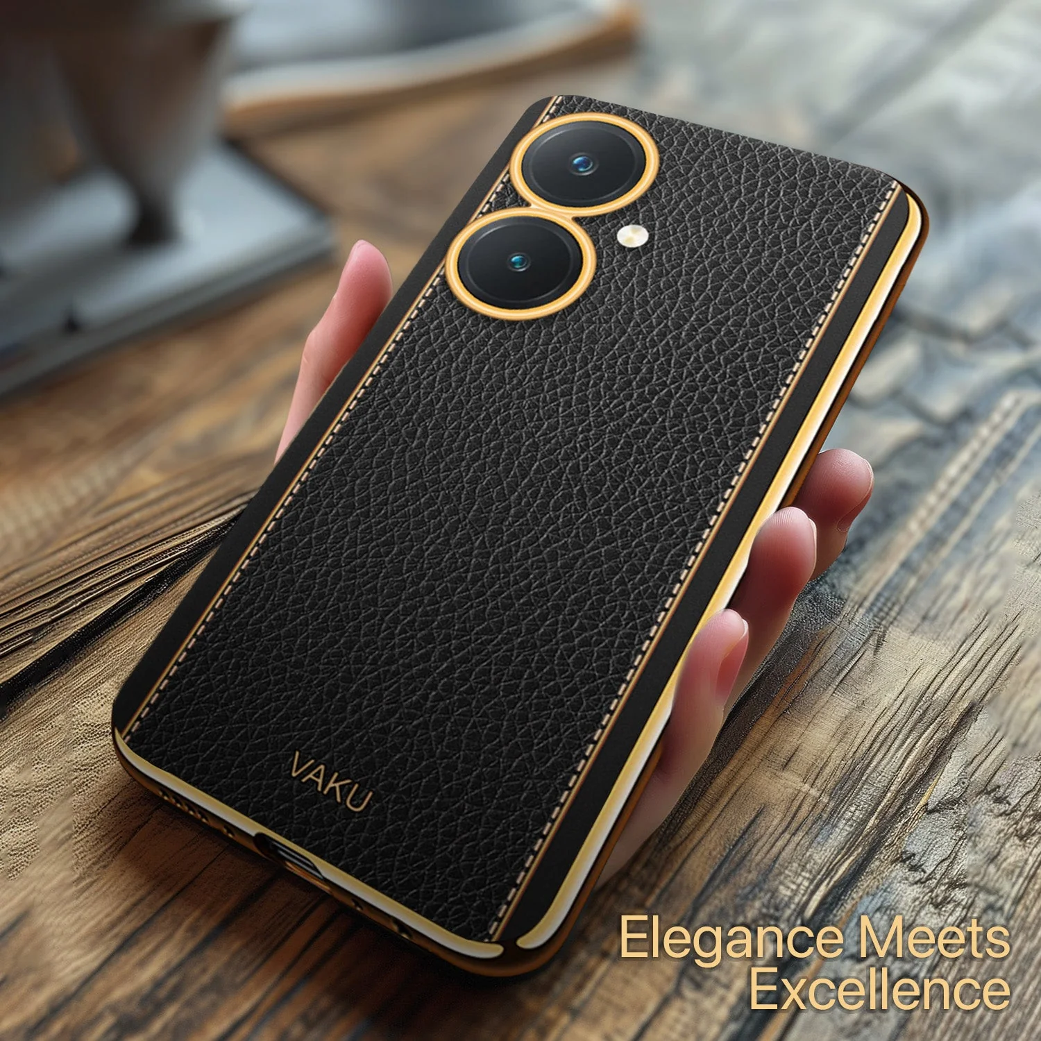 Vaku® Vivo Y27 Luxemberg Series Leather Stitched Gold Electroplated Soft TPU Back Cover - Image 16