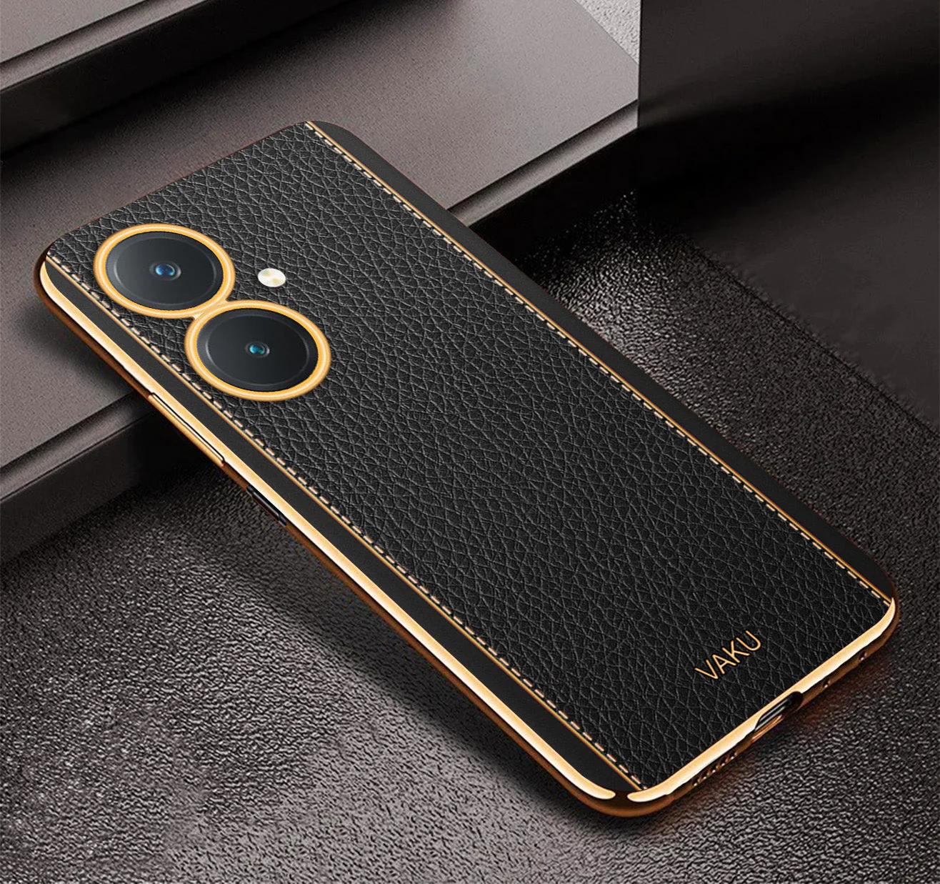 Vaku® Vivo Y27 Luxemberg Series Leather Stitched Gold Electroplated Soft TPU Back Cover - Image 3
