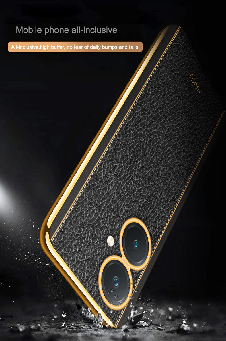 Vaku® Vivo Y27 Luxemberg Series Leather Stitched Gold Electroplated Soft TPU Back Cover - Image 5