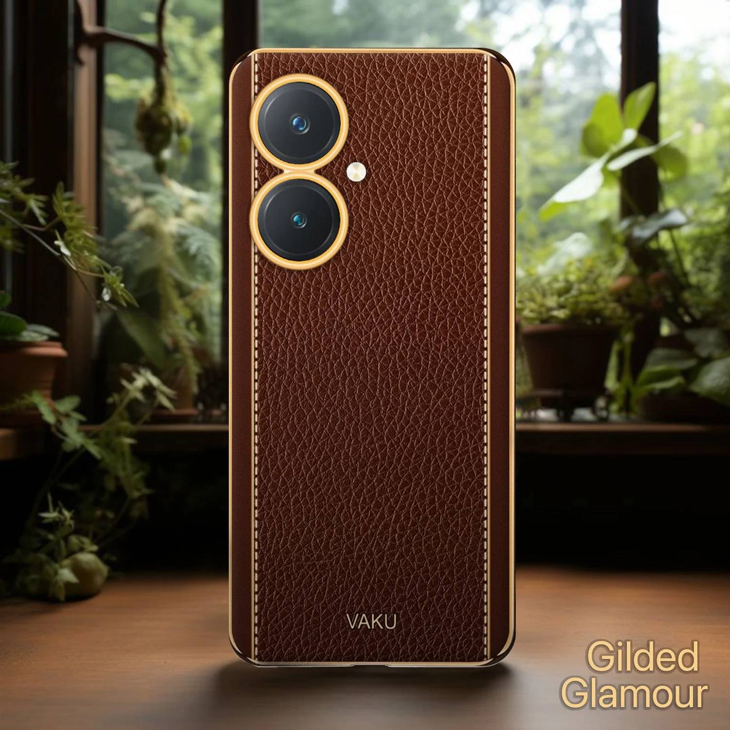 Vaku® Vivo Y27 Luxemberg Series Leather Stitched Gold Electroplated Soft TPU Back Cover - Image 6