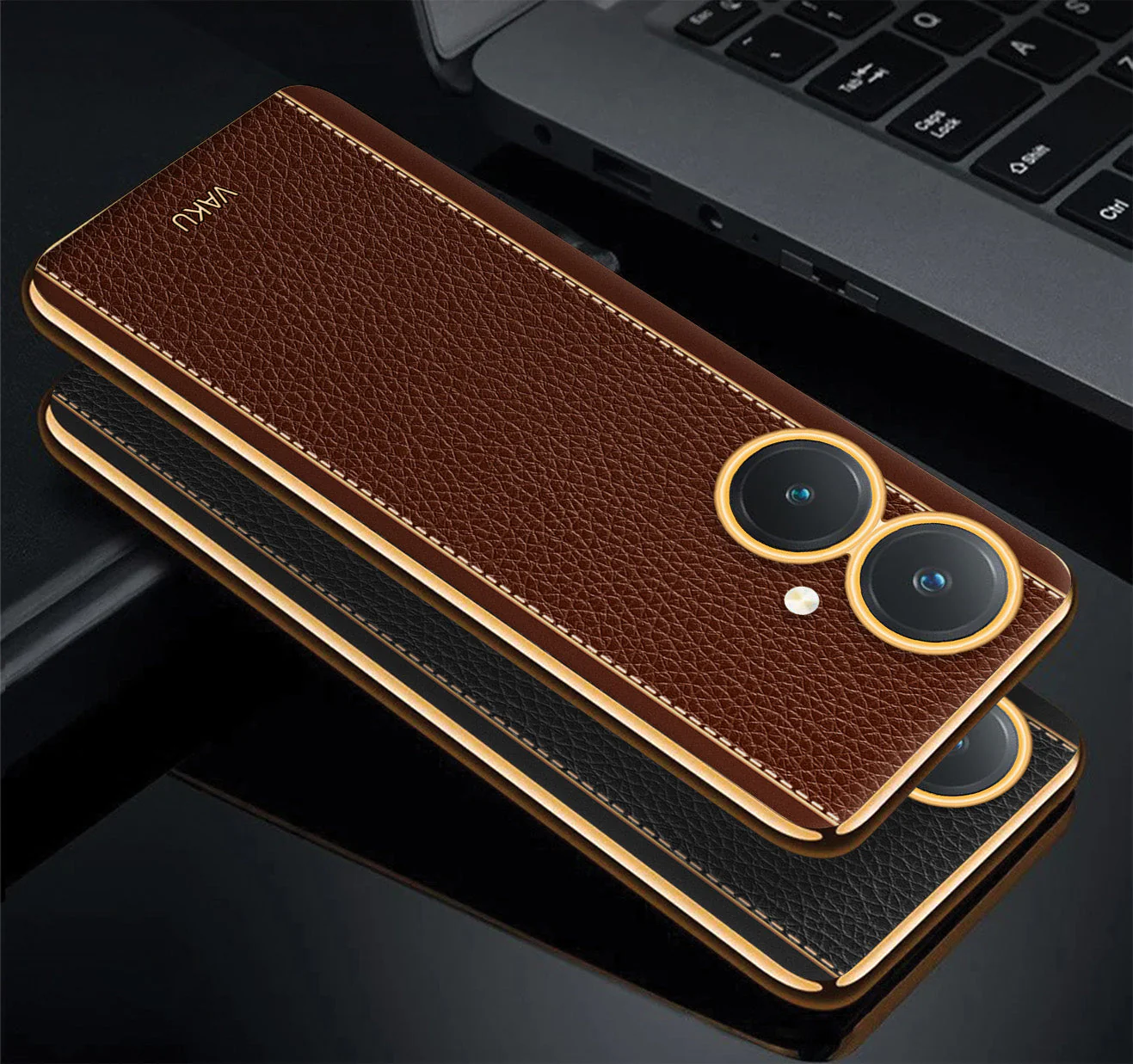 Vaku® Vivo Y27 Luxemberg Series Leather Stitched Gold Electroplated Soft TPU Back Cover - Image 8