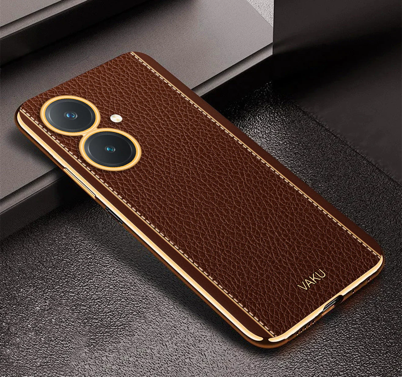 Vaku® Vivo Y27 Luxemberg Series Leather Stitched Gold Electroplated Soft TPU Back Cover - Image 9