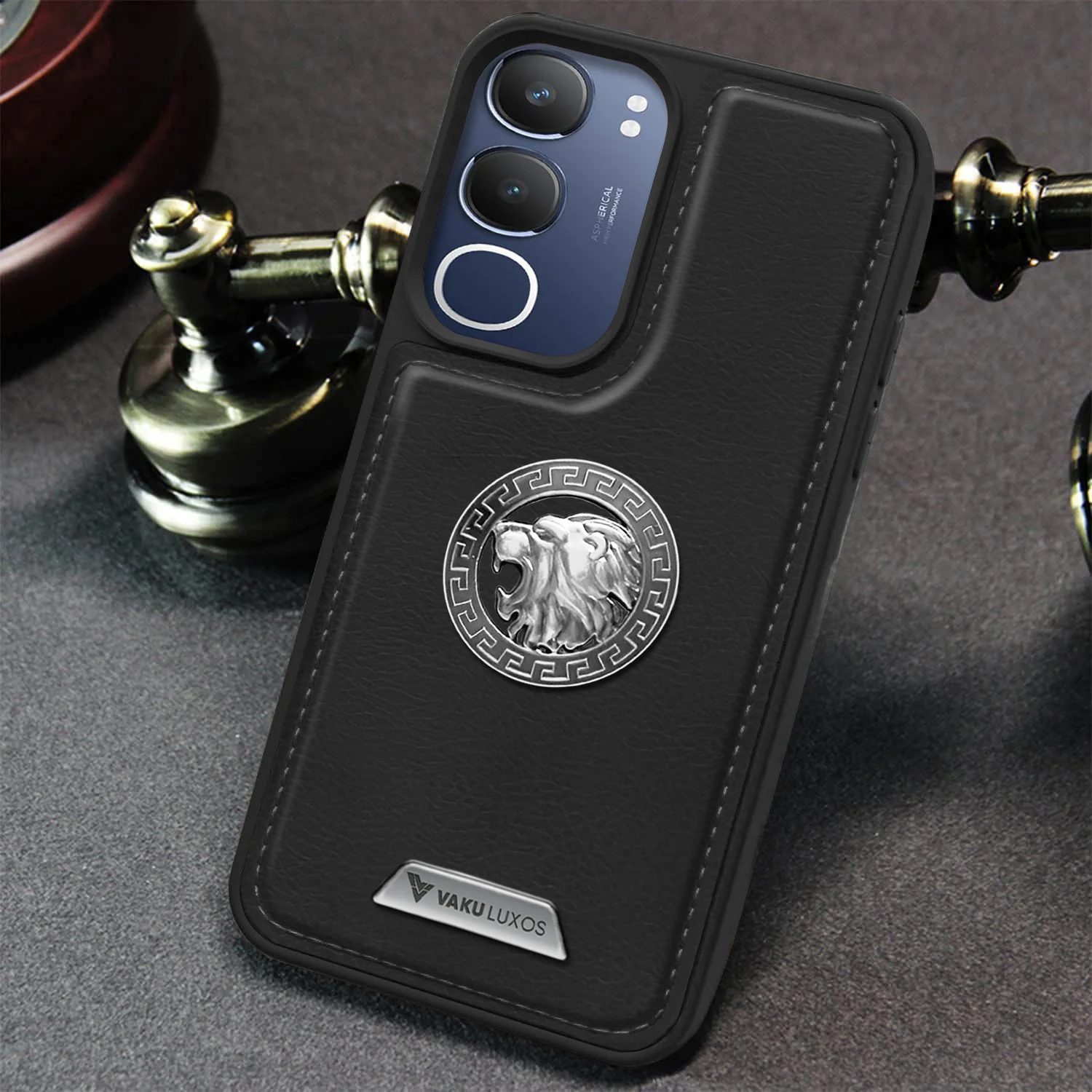 Vaku ® Vivo Y29 5G Regal Shield Metal Lion Engraved Leather Back Cover - Image 11