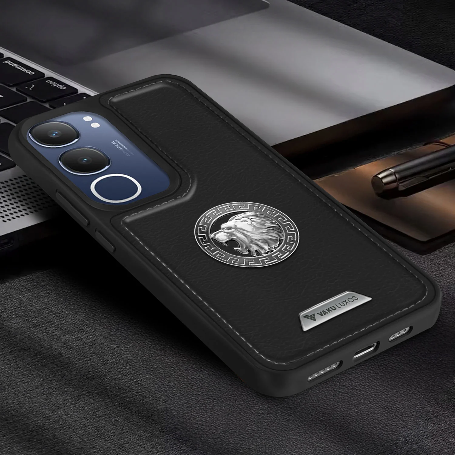 Vaku ® Vivo Y29 5G Regal Shield Metal Lion Engraved Leather Back Cover - Image 12