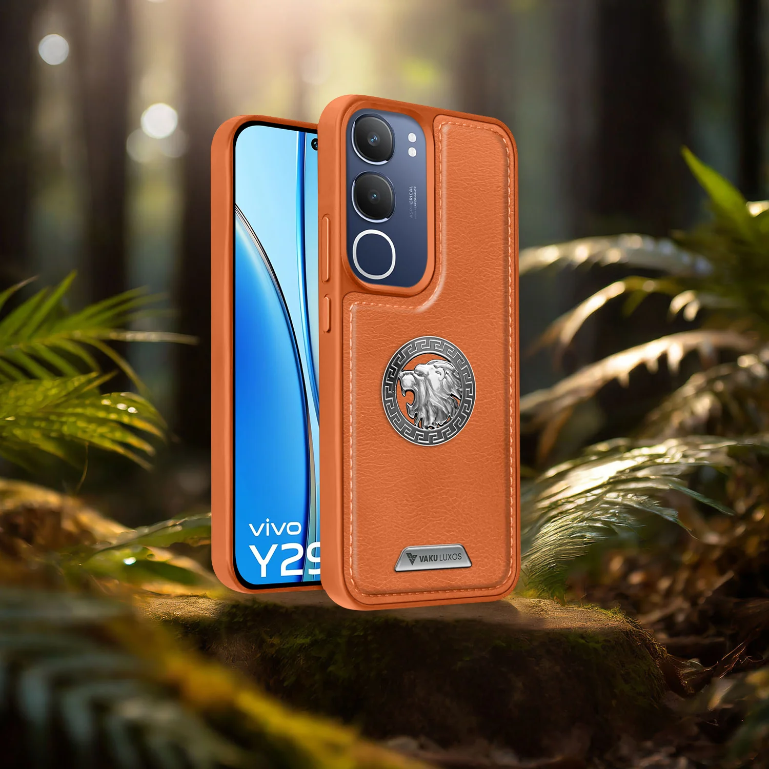 Vaku ® Vivo Y29 5G Regal Shield Metal Lion Engraved Leather Back Cover - Image 13