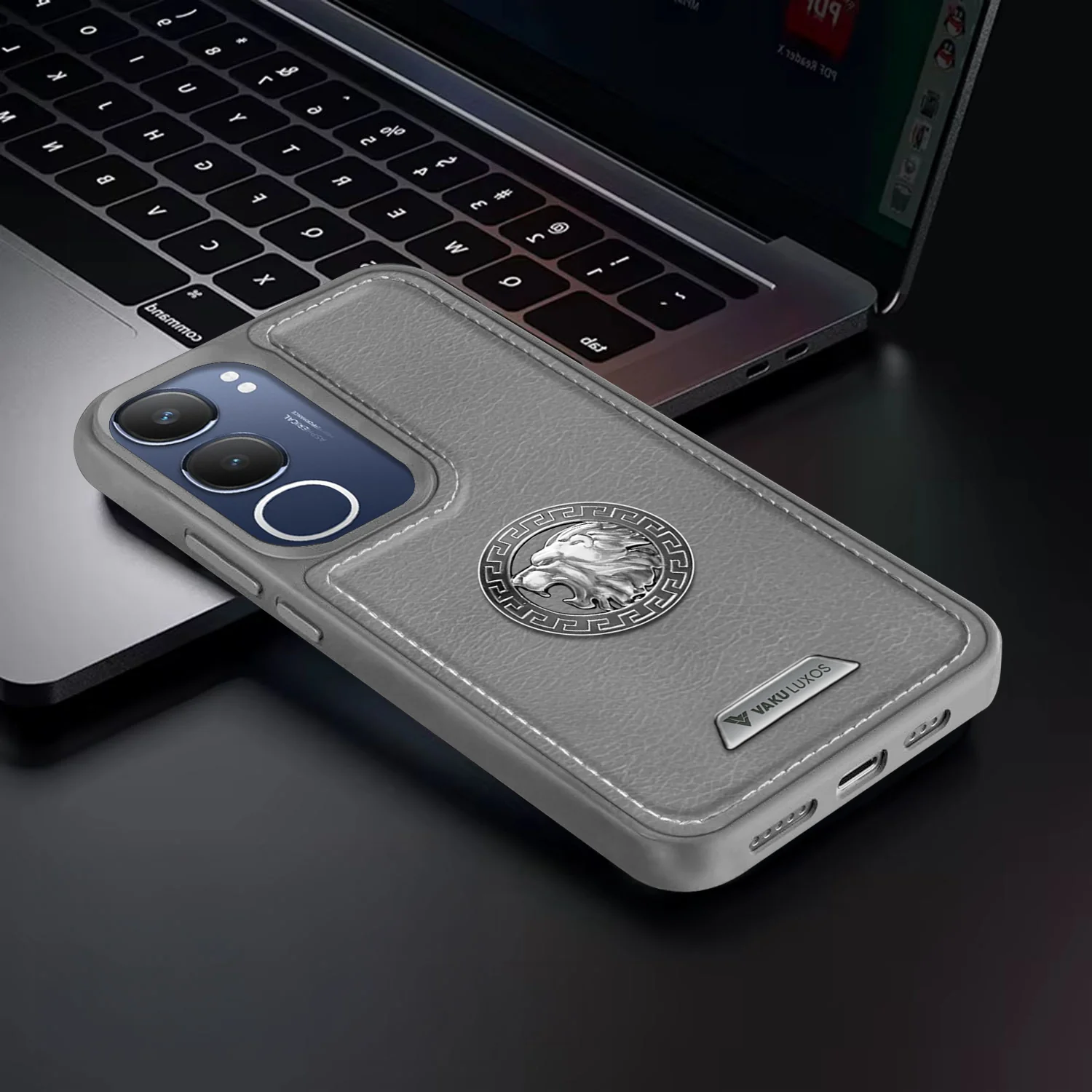 Vaku ® Vivo Y29 5G Regal Shield Metal Lion Engraved Leather Back Cover - Image 15