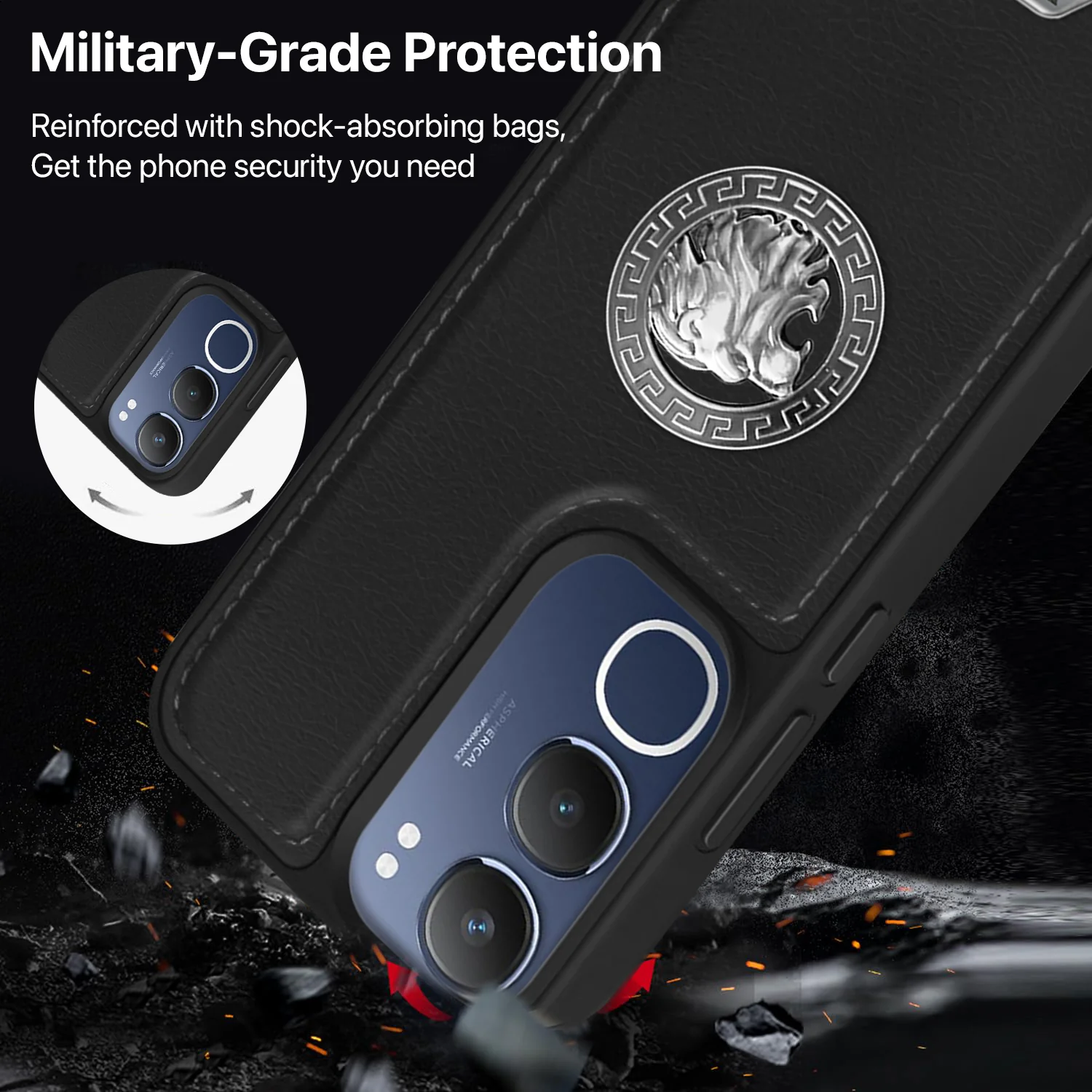 Vaku ® Vivo Y29 5G Regal Shield Metal Lion Engraved Leather Back Cover - Image 5