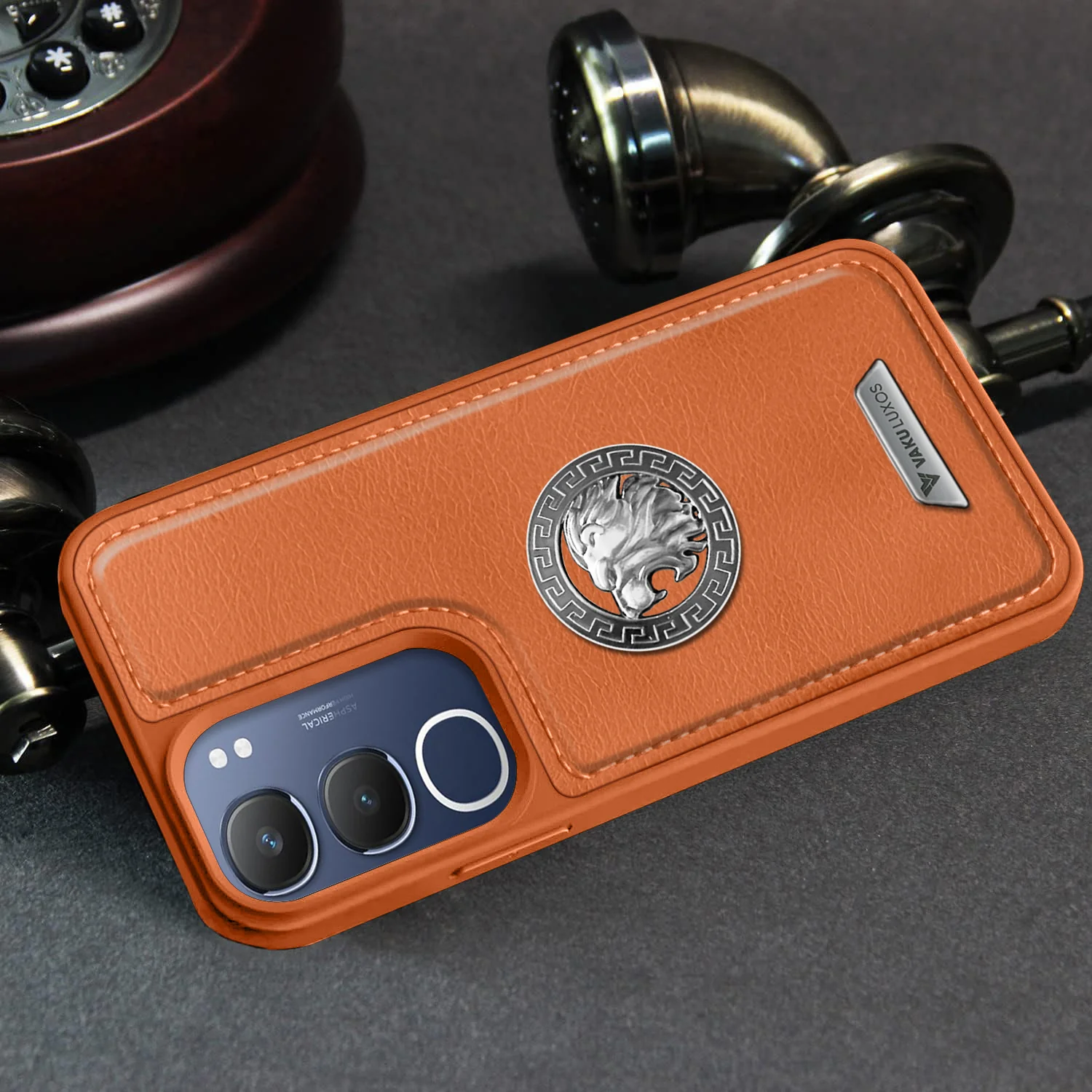 Vaku ® Vivo Y29 5G Regal Shield Metal Lion Engraved Leather Back Cover - Image 8