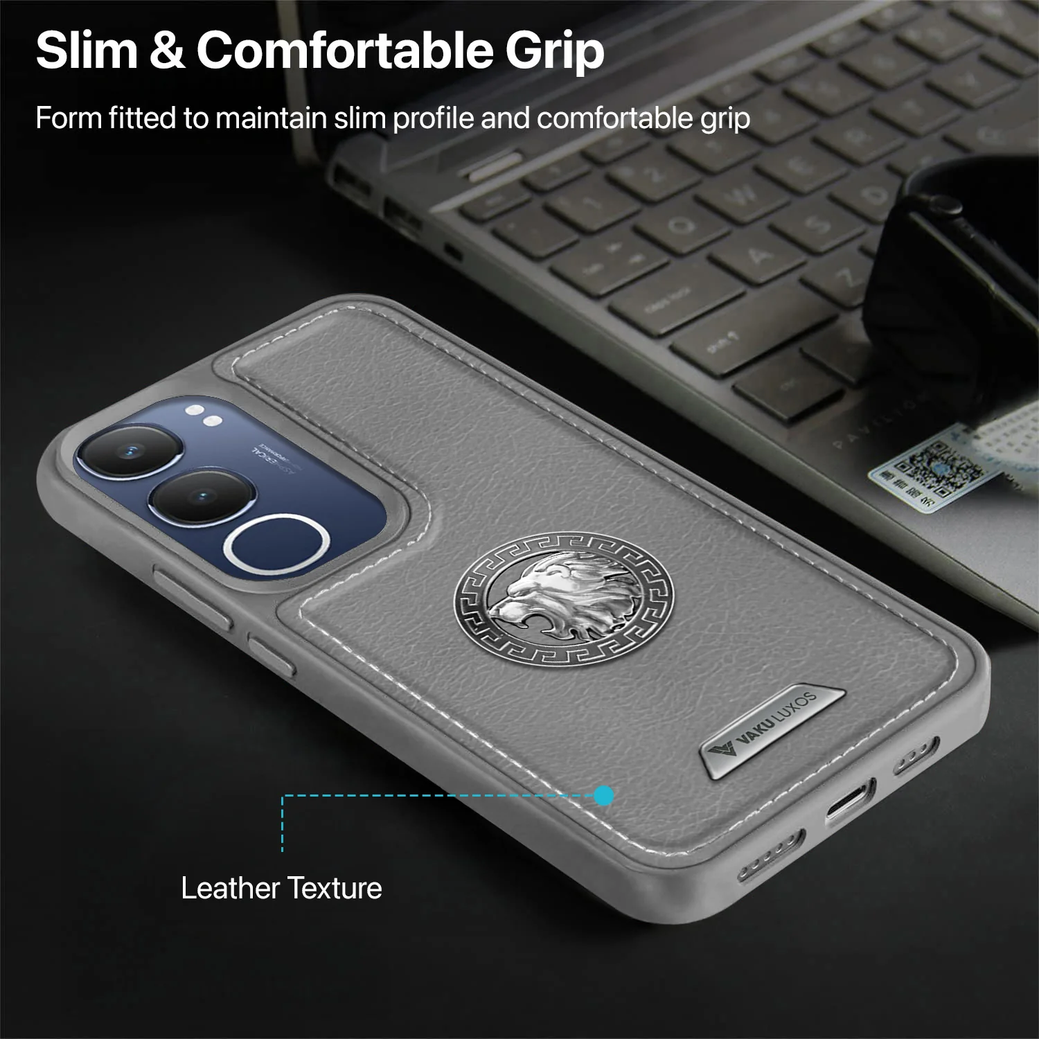 Vaku ® Vivo Y29 5G Regal Shield Metal Lion Engraved Leather Back Cover - Image 9