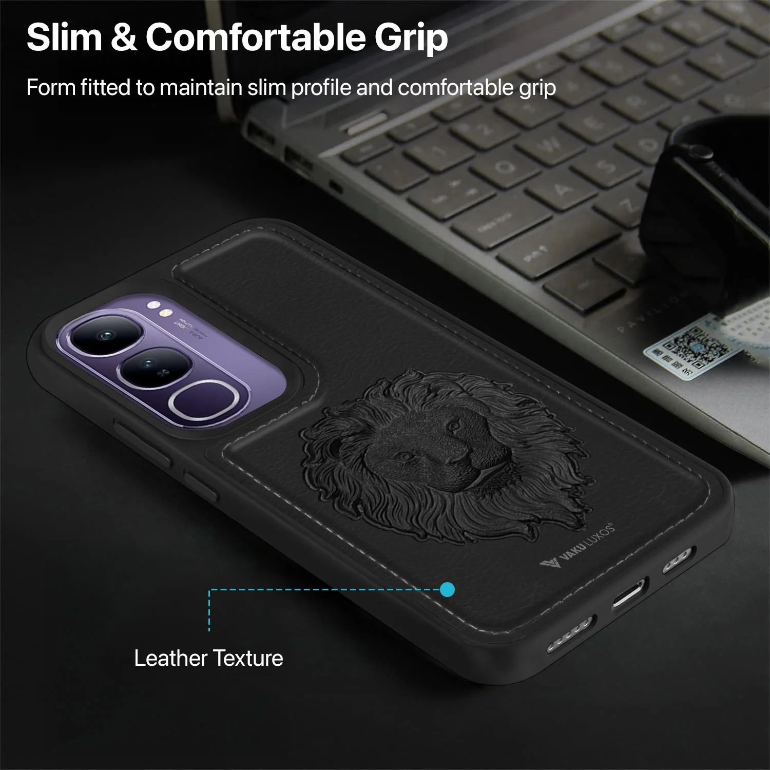 Vaku ® Vivo Y300 5G Lion Embossed Luxury Designer Leather Back Cover - Image 3