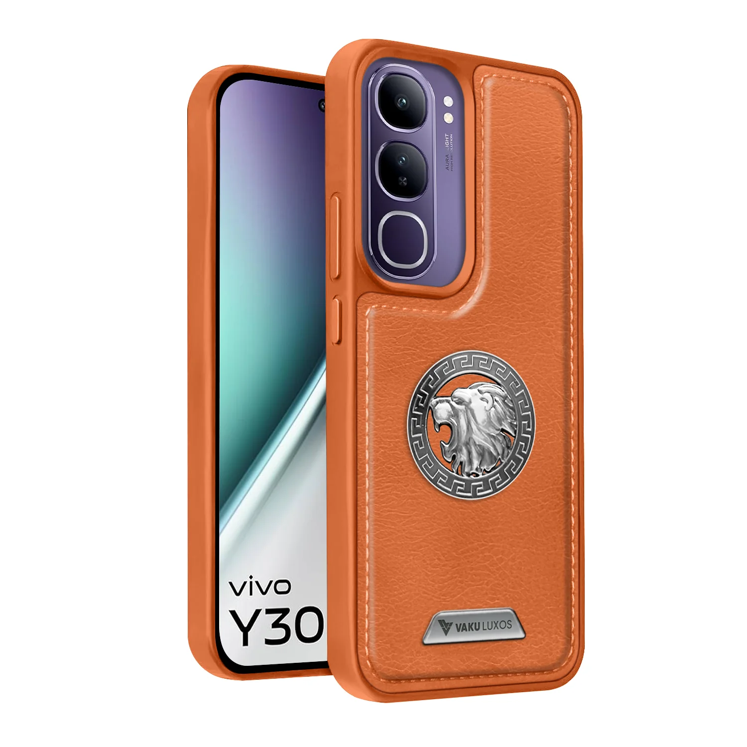 Vaku ® Vivo Y300 5G Regal Shield Metal Lion Engraved Leather Back Cover