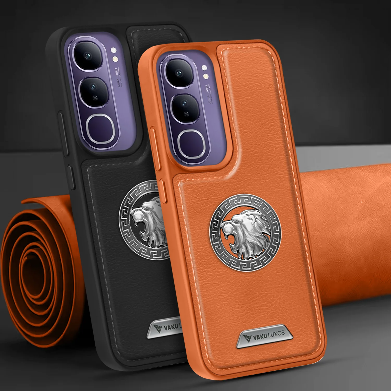 Vaku ® Vivo Y300 5G Regal Shield Metal Lion Engraved Leather Back Cover - Image 10