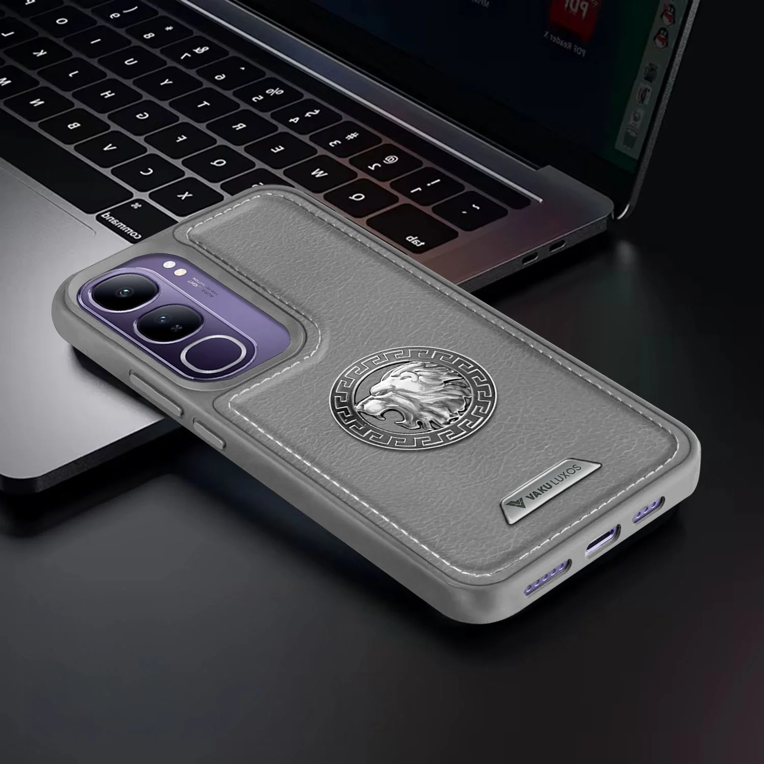 Vaku ® Vivo Y300 5G Regal Shield Metal Lion Engraved Leather Back Cover - Image 11