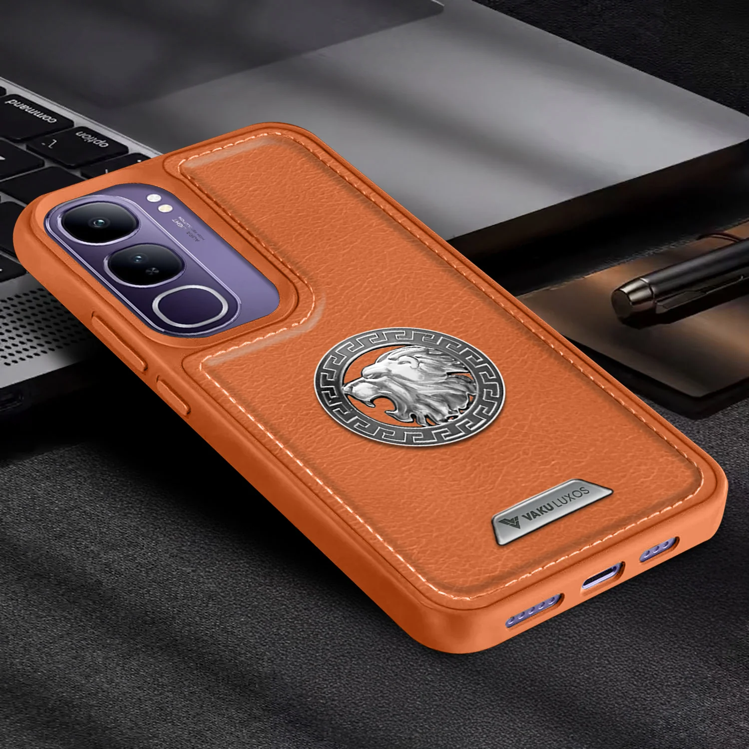 Vaku ® Vivo Y300 5G Regal Shield Metal Lion Engraved Leather Back Cover - Image 12