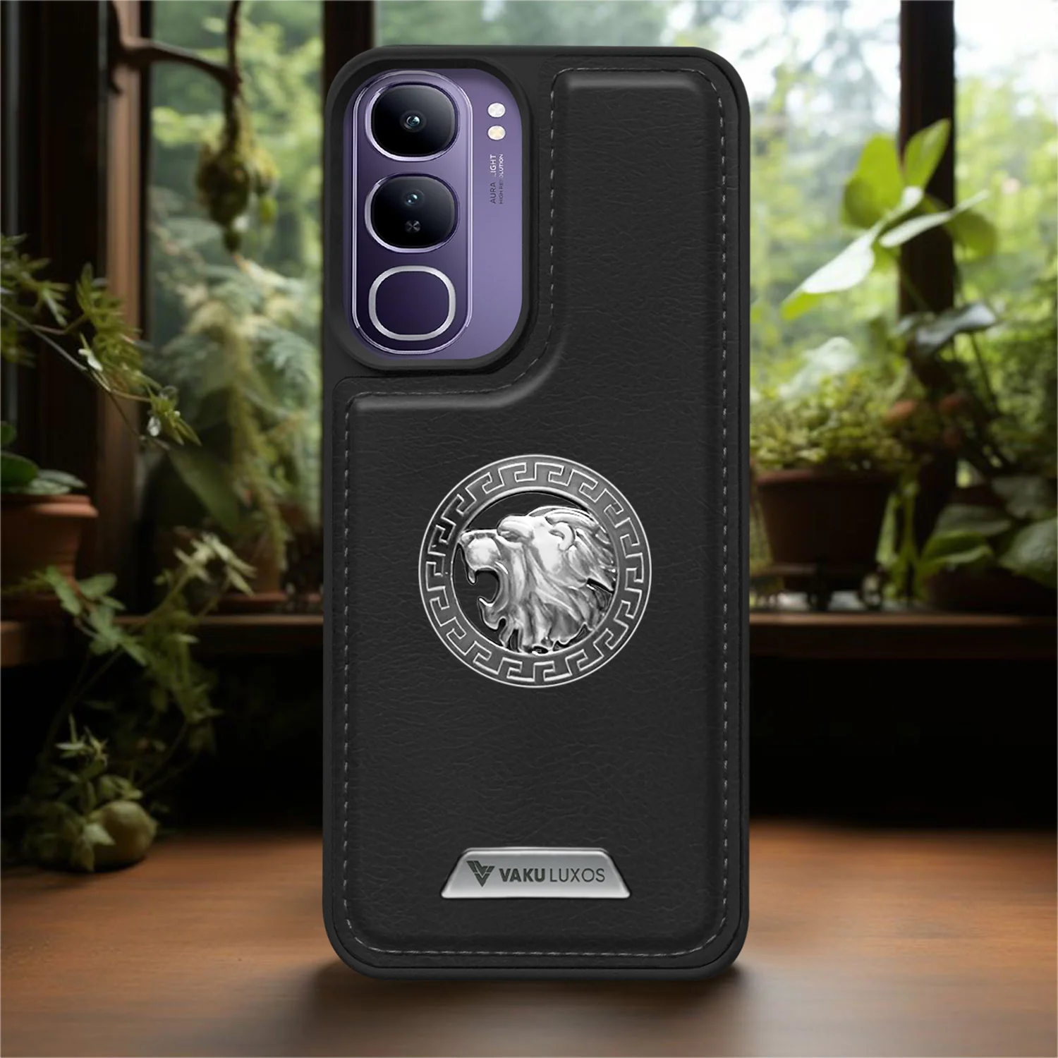 Vaku ® Vivo Y300 5G Regal Shield Metal Lion Engraved Leather Back Cover - Image 13