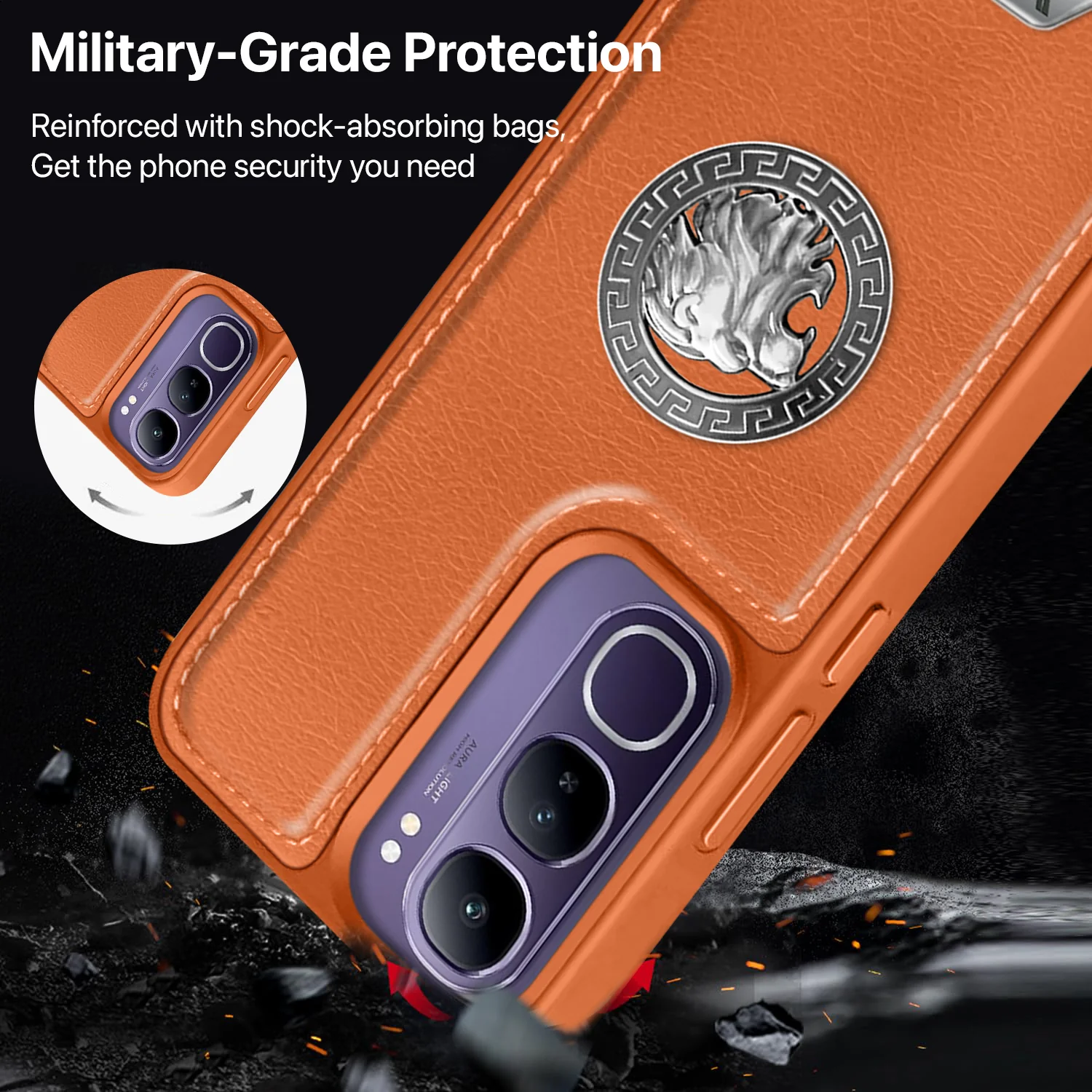 Vaku ® Vivo Y300 5G Regal Shield Metal Lion Engraved Leather Back Cover - Image 4