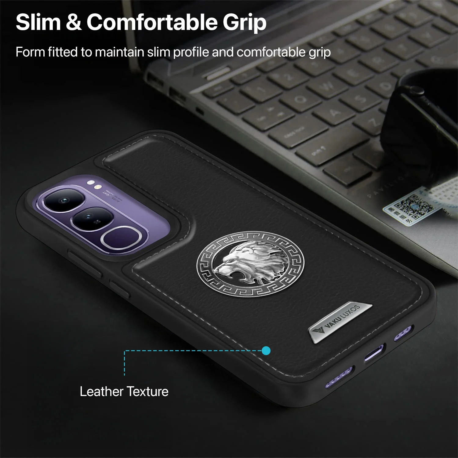 Vaku ® Vivo Y300 5G Regal Shield Metal Lion Engraved Leather Back Cover - Image 6