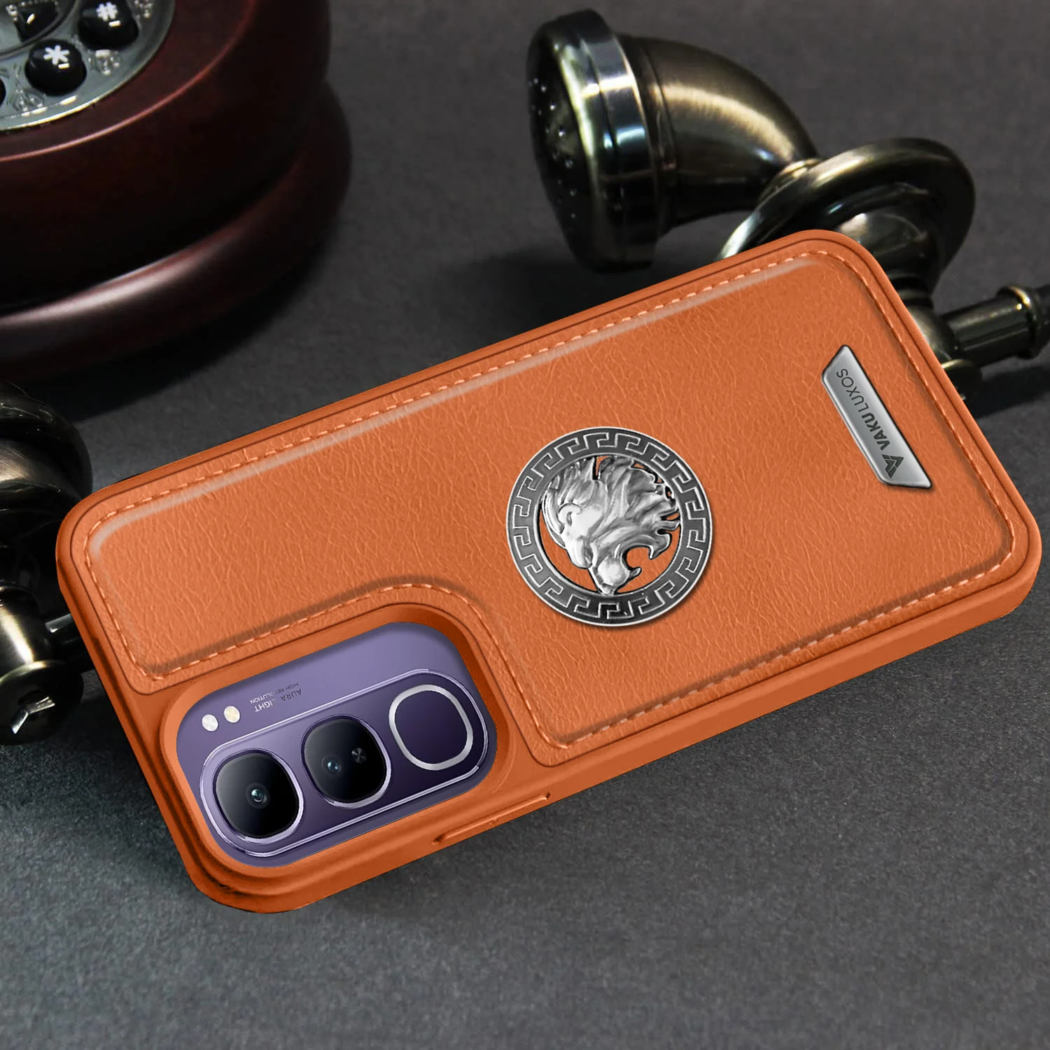 Vaku ® Vivo Y300 5G Regal Shield Metal Lion Engraved Leather Back Cover - Image 7