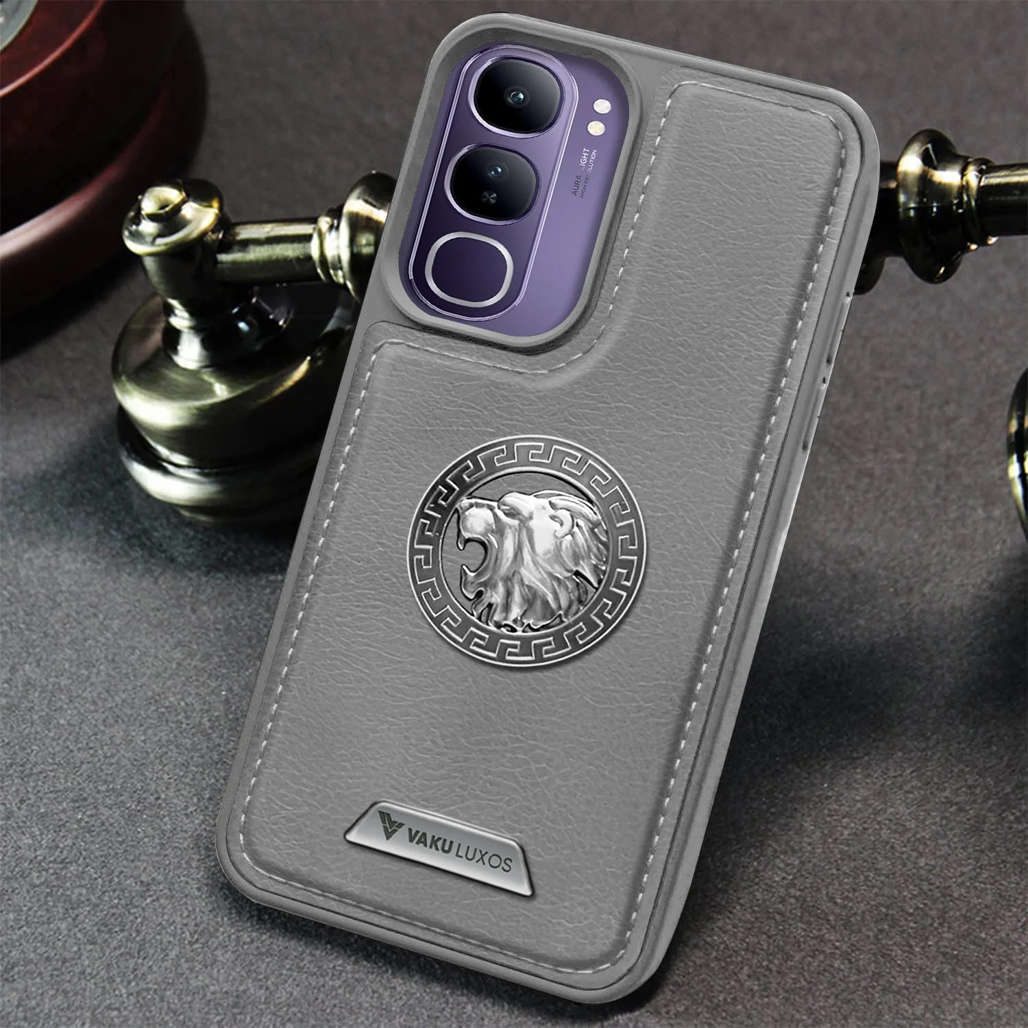Vaku ® Vivo Y300 5G Regal Shield Metal Lion Engraved Leather Back Cover - Image 8
