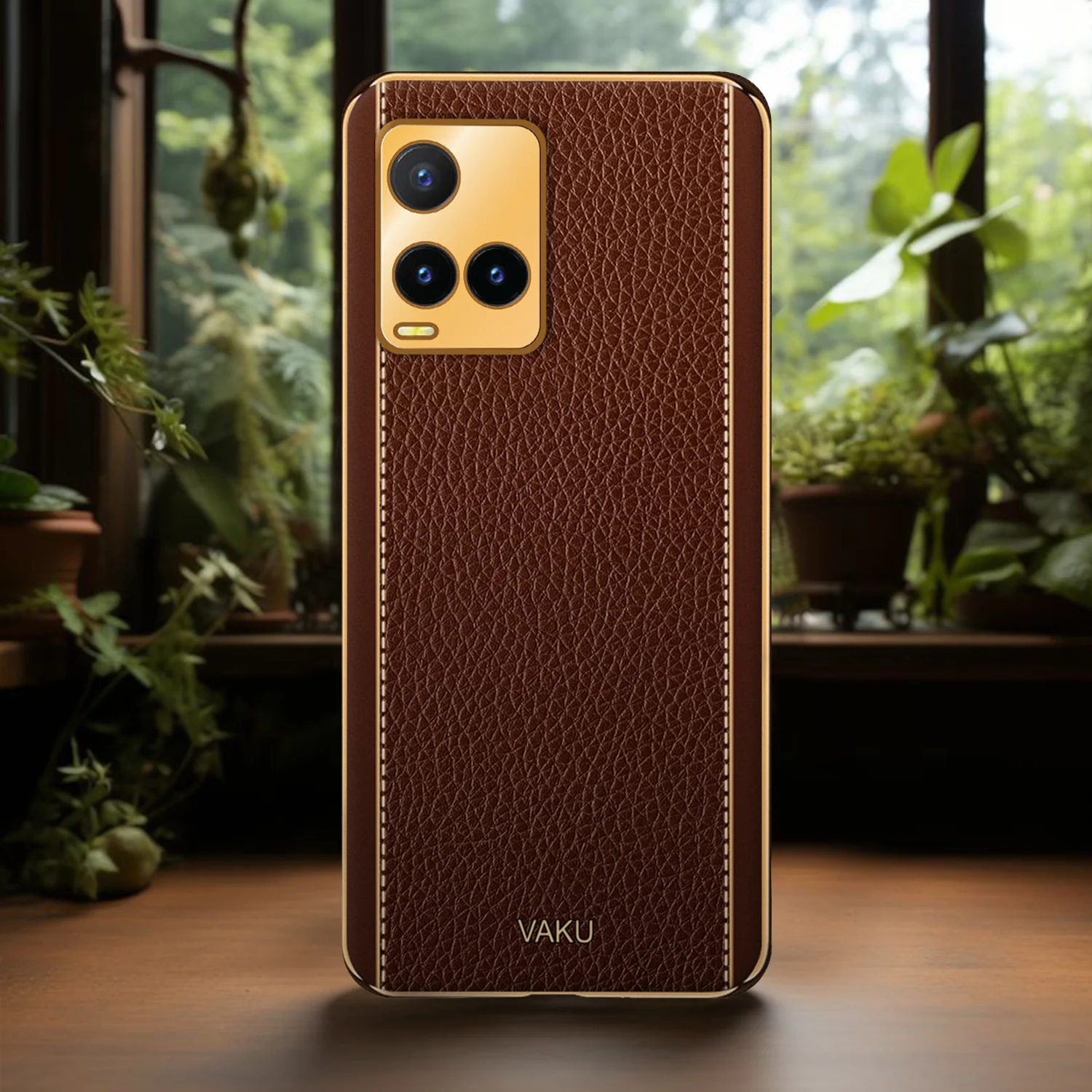 Vaku ® Vivo Y33T Luxemberg Series Leather Stitched Gold Electroplated Soft TPU Back Cover - Image 12