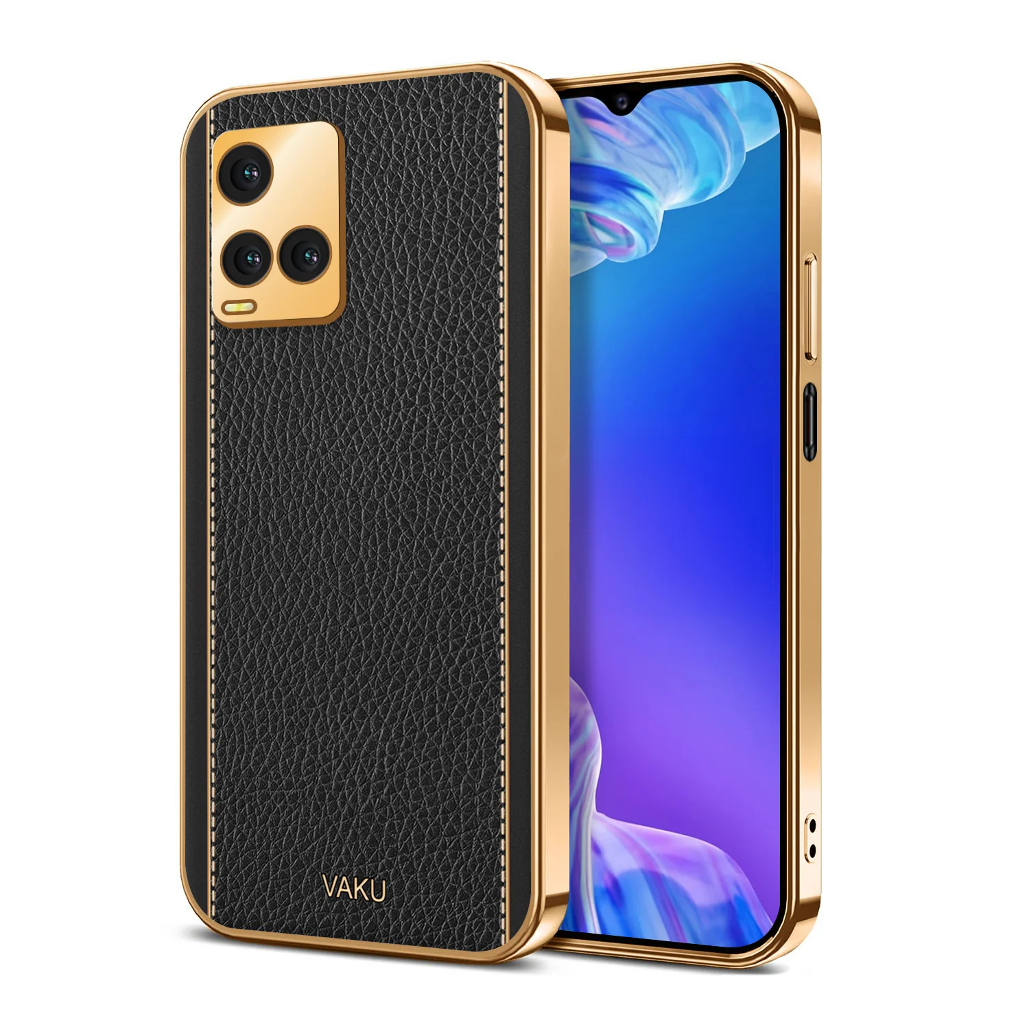 Vaku ® Vivo Y33T Luxemberg Series Leather Stitched Gold Electroplated Soft TPU Back Cover - Image 2