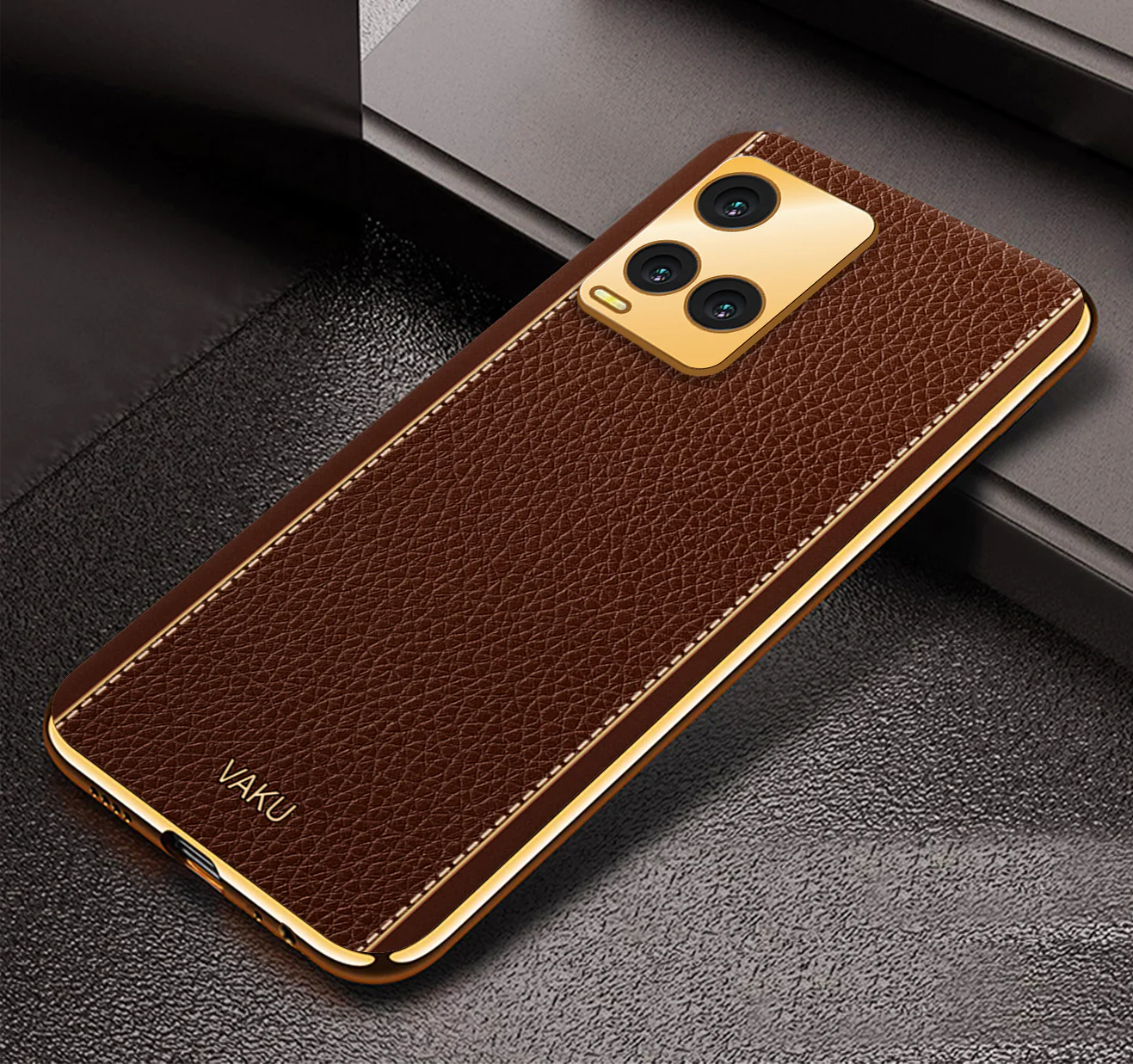 Vaku ® Vivo Y33T Luxemberg Series Leather Stitched Gold Electroplated Soft TPU Back Cover - Image 5