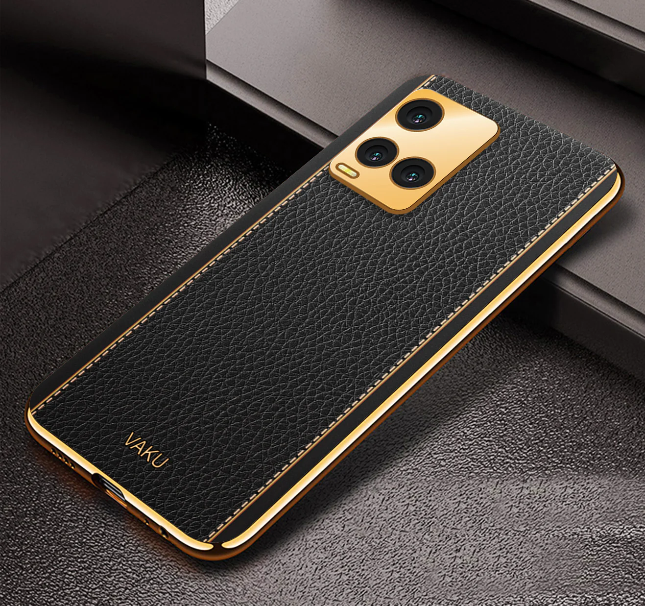 Vaku ® Vivo Y33T Luxemberg Series Leather Stitched Gold Electroplated Soft TPU Back Cover - Image 8