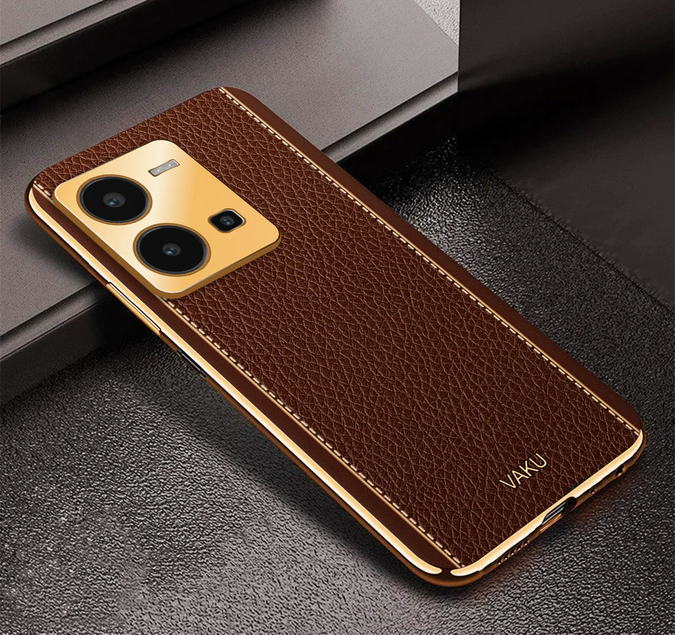 Vaku® Vivo Y35 4G Luxemberg Leather Pattern Gold Electroplated Soft TPU Back Cover