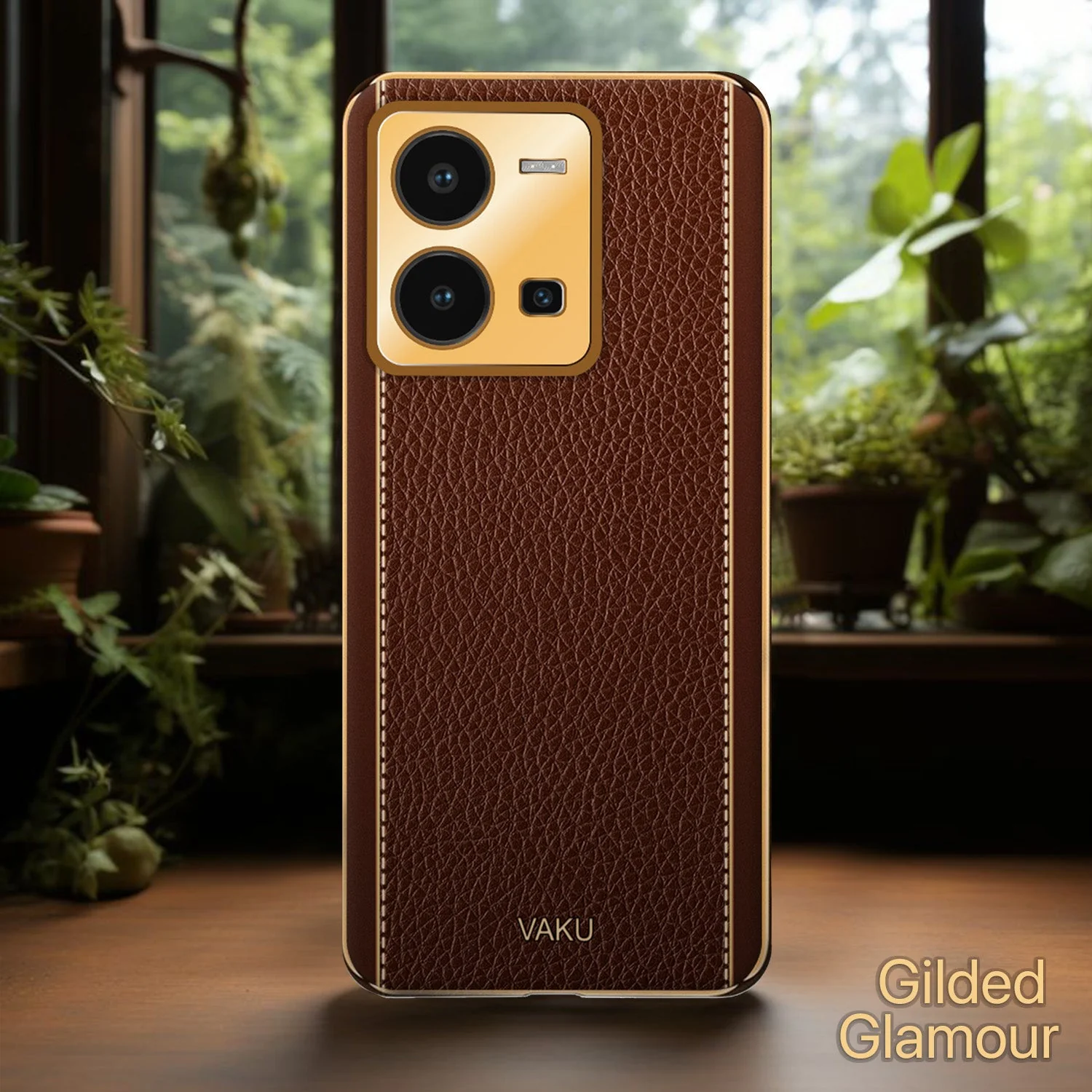 Vaku® Vivo Y35 4G Luxemberg Leather Pattern Gold Electroplated Soft TPU Back Cover - Image 10