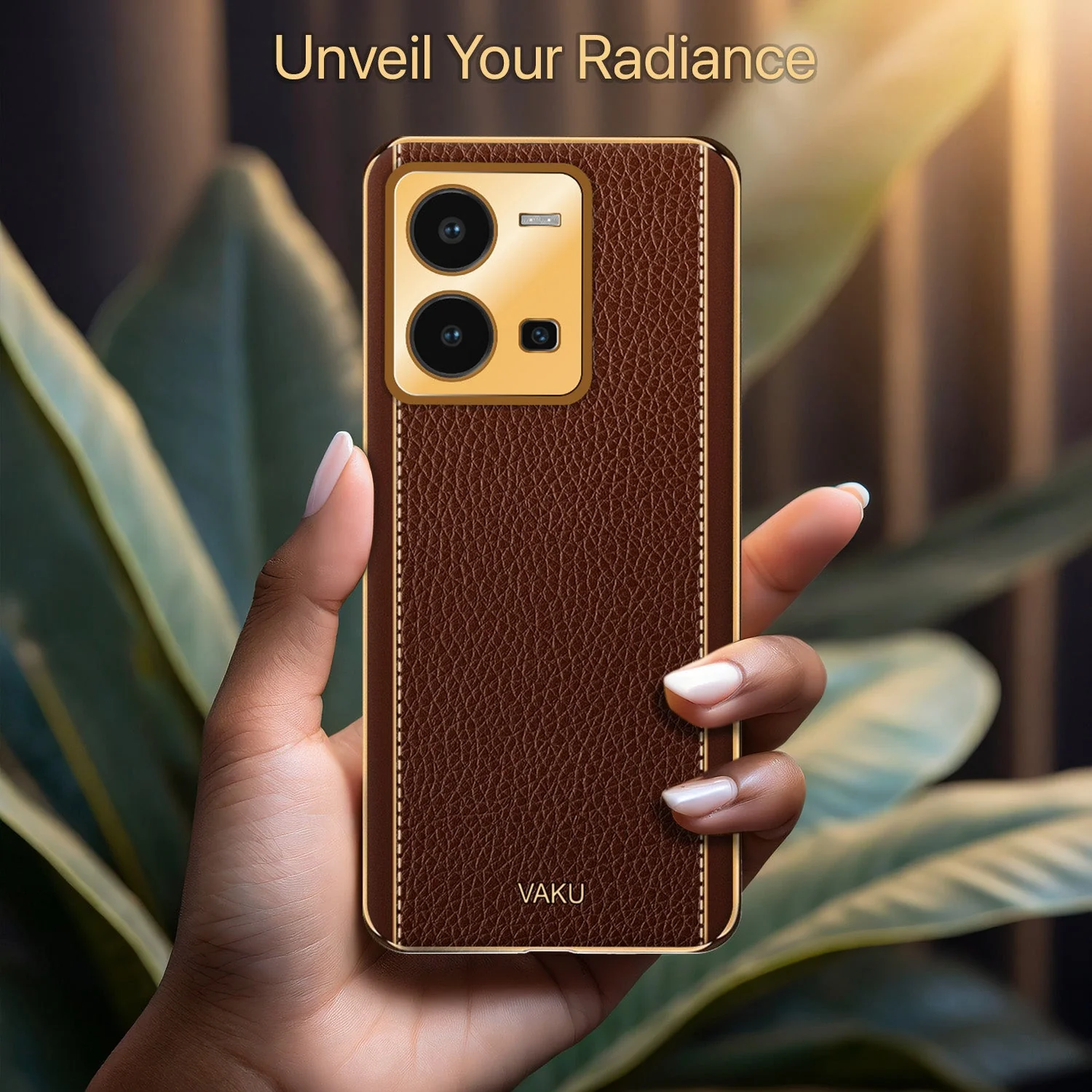 Vaku® Vivo Y35 4G Luxemberg Leather Pattern Gold Electroplated Soft TPU Back Cover - Image 12