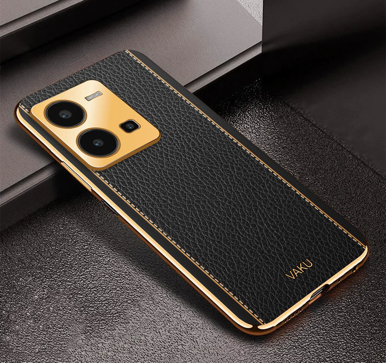 Vaku® Vivo Y35 4G Luxemberg Leather Pattern Gold Electroplated Soft TPU Back Cover - Image 3