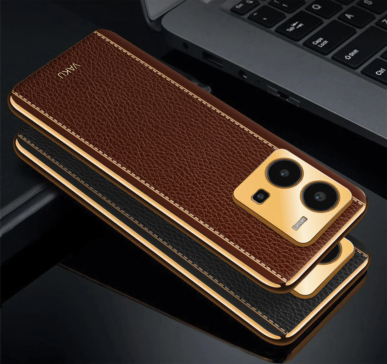 Vaku® Vivo Y35 4G Luxemberg Leather Pattern Gold Electroplated Soft TPU Back Cover - Image 5