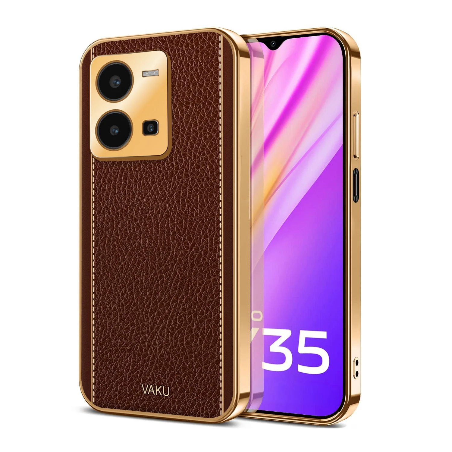 Vaku® Vivo Y35 4G Luxemberg Leather Pattern Gold Electroplated Soft TPU Back Cover - Image 9