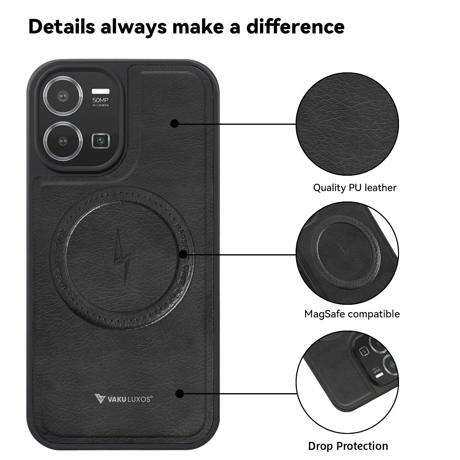Vaku ® Vivo Y35 Maxtron Leather Stitched Magnetic Magsafe Back Cover - Image 6