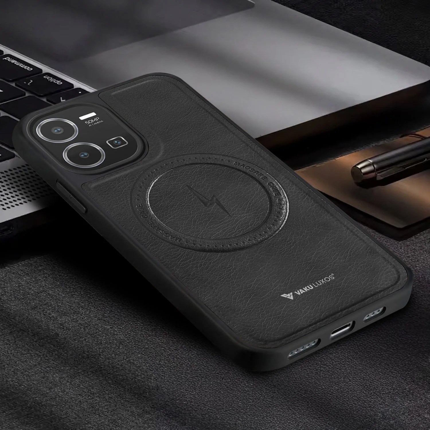 Vaku ® Vivo Y35 Maxtron Leather Stitched Magnetic Magsafe Back Cover - Image 9