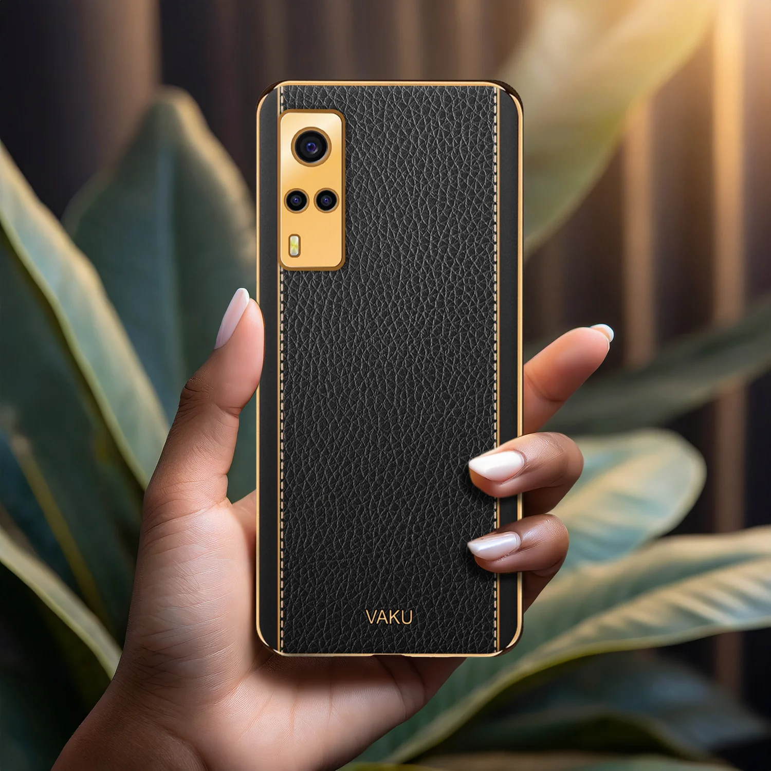 Vaku® Vivo Y53S Luxemberg Series Leather Stitched Gold Electroplated Soft TPU Back Cover - Image 10